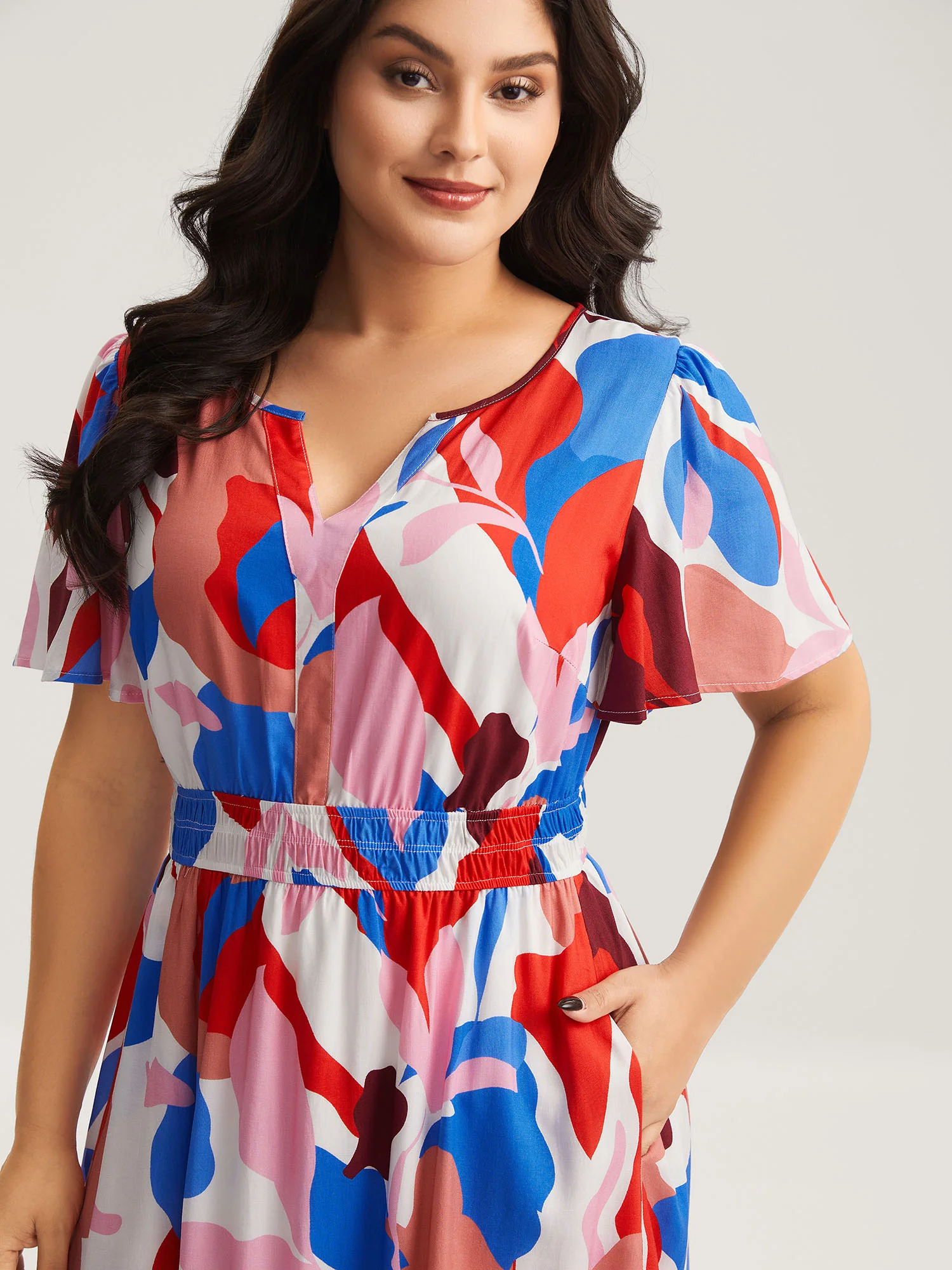 Color Block Stretchy Notched Midi Dress