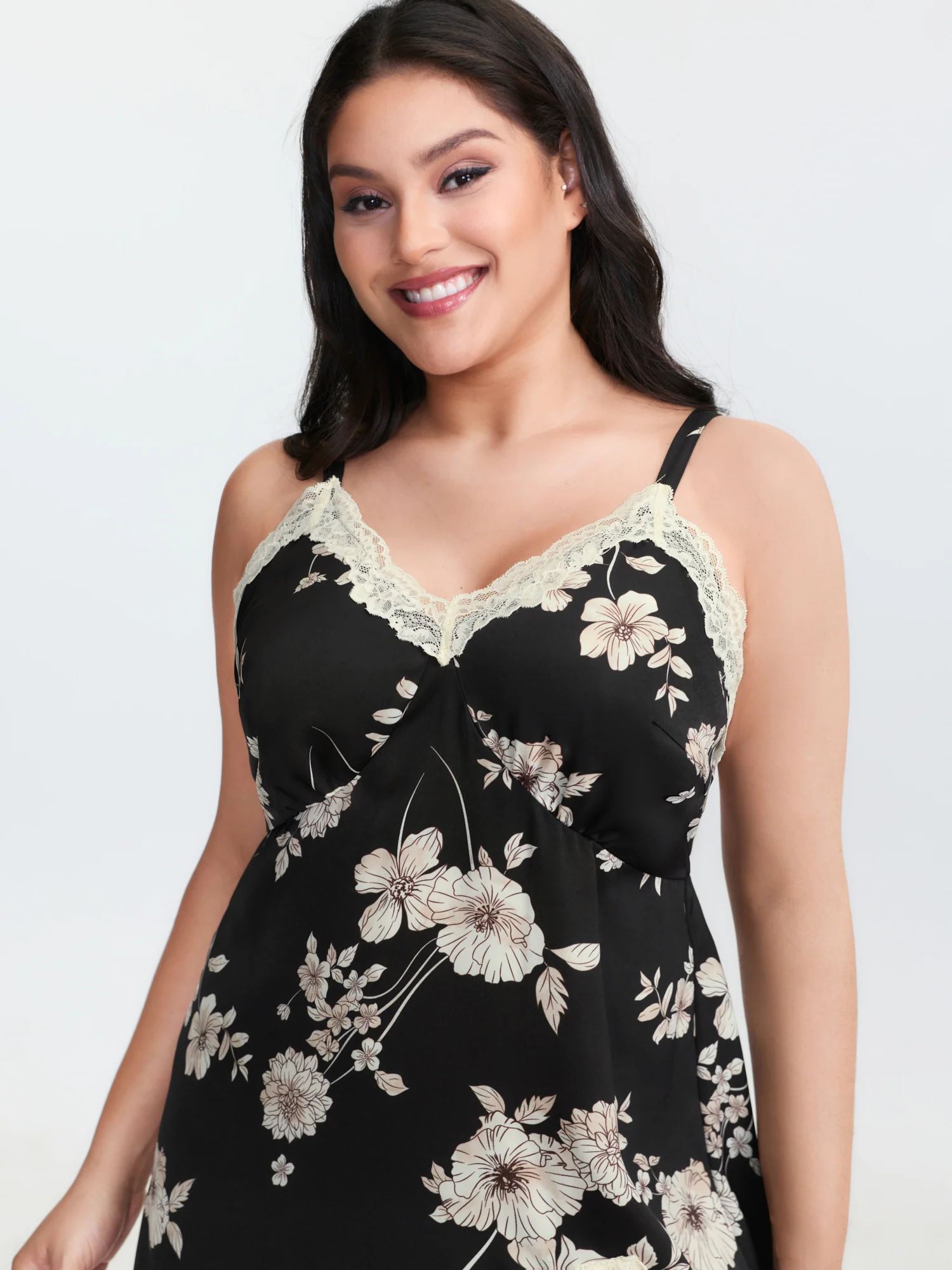 Floral Print Deep Lace Neckline Nightgown