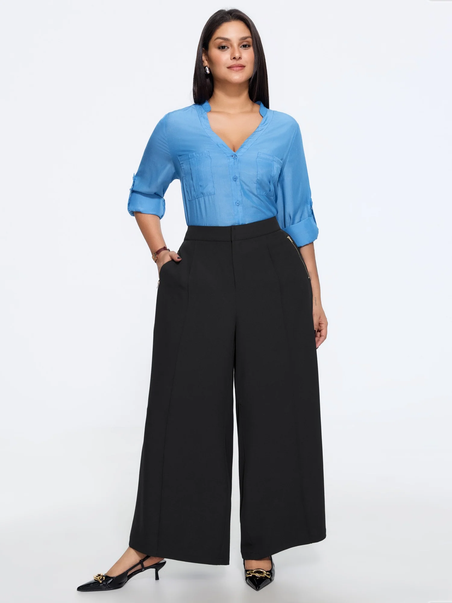Plain Zipper Pocket Straight-Leg Pants