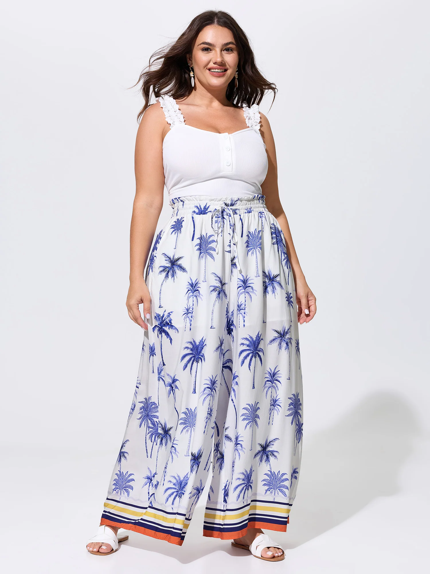 Palm Tree Print Wide Shirred Waistband Pants