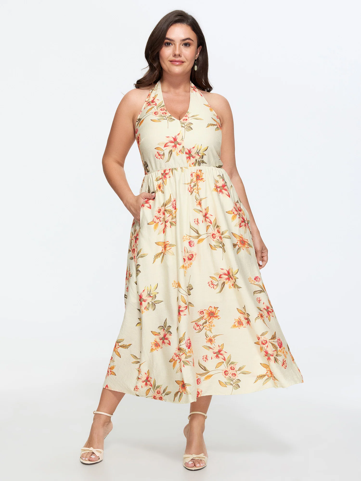 Floral Print Halter Neckline Midi Dress