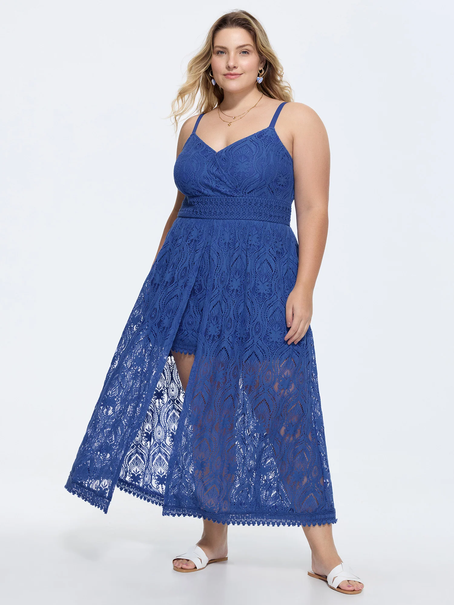 Lace Textured Shirred Flowy Romper