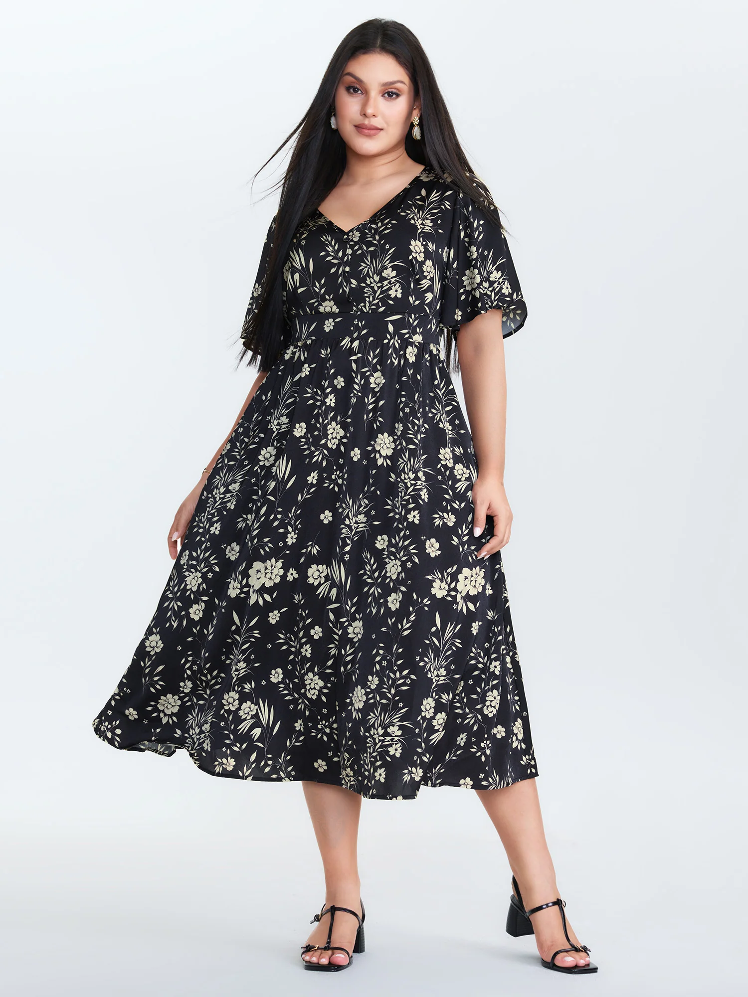 Floral Print V-Neck Cinched-Waist Midi Dress