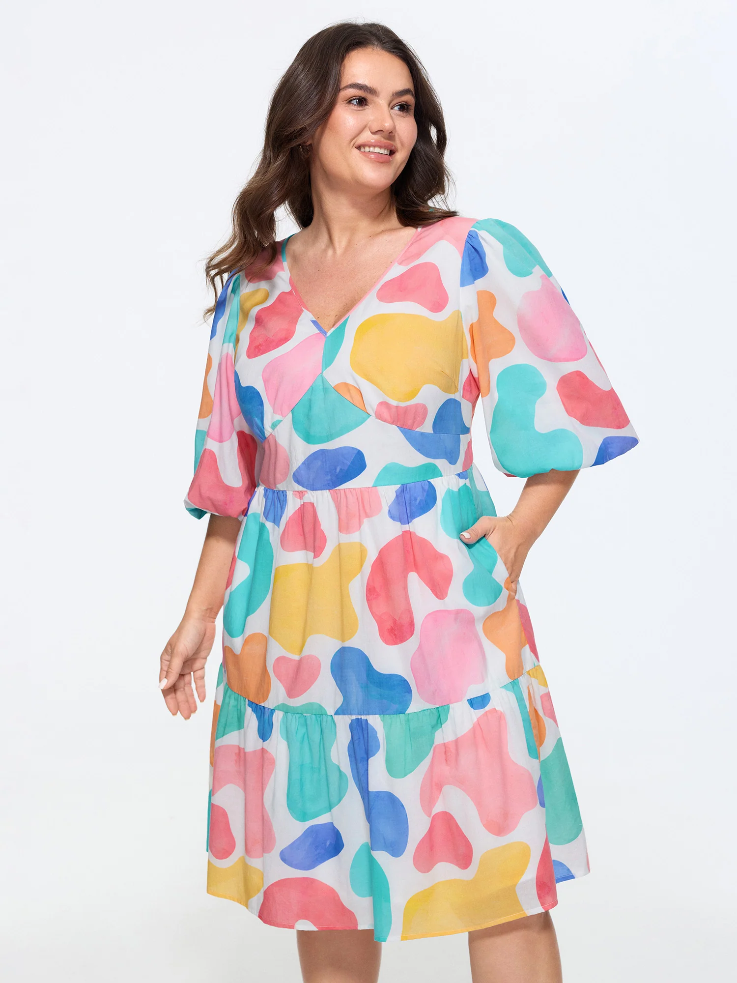 Cotton Watercolor Abstract Print Tiered Mini Dress