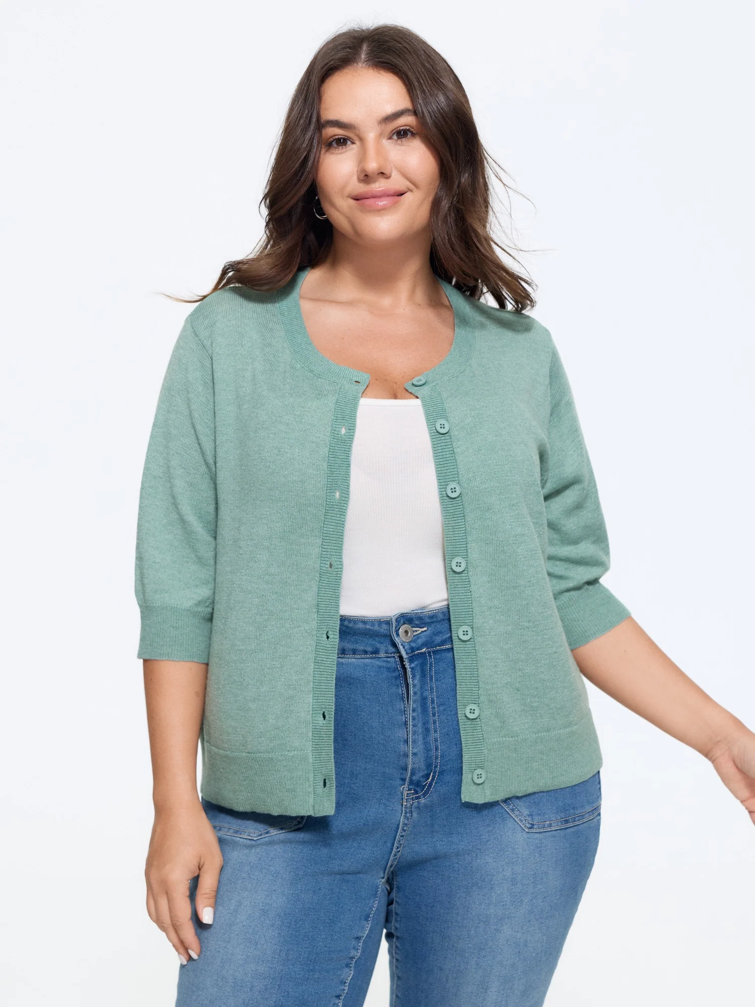 Heather Crew Neck 3/4 Sleeve Knit Cardigan
