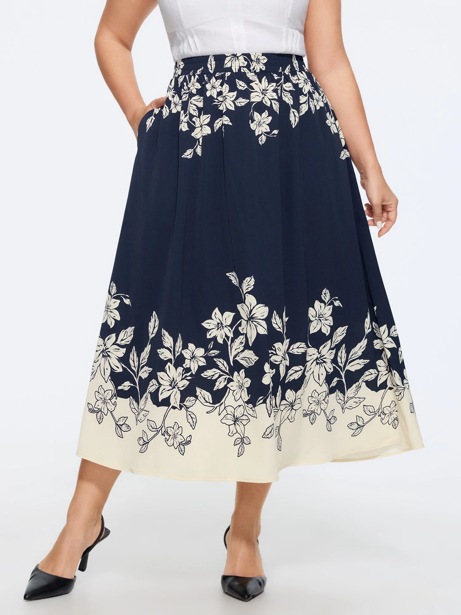 Floral Print Elastic Waist Pocket Midi Skirt