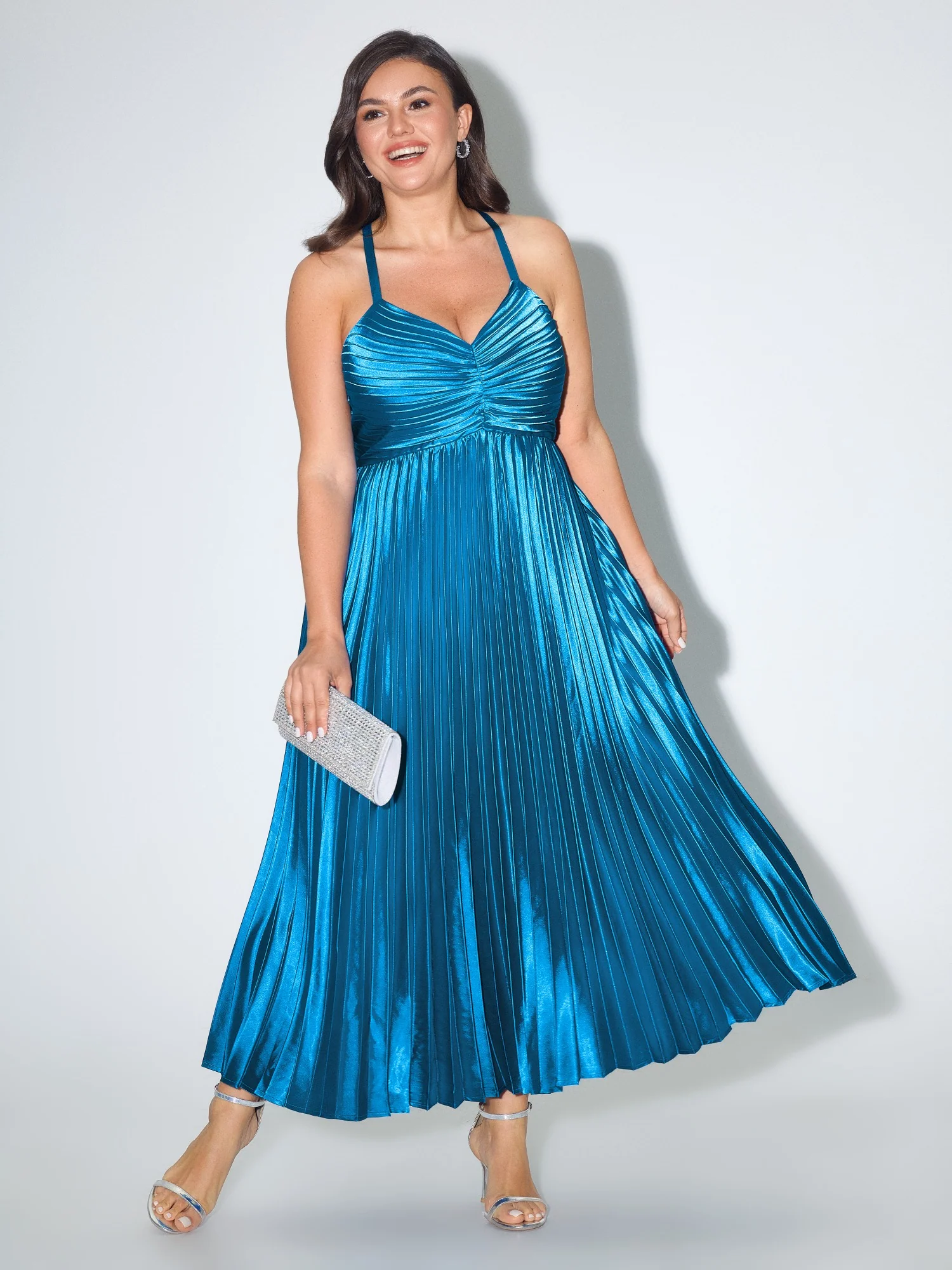 Satin Ruched Shirred Cross Back Pleated Maxi Dress