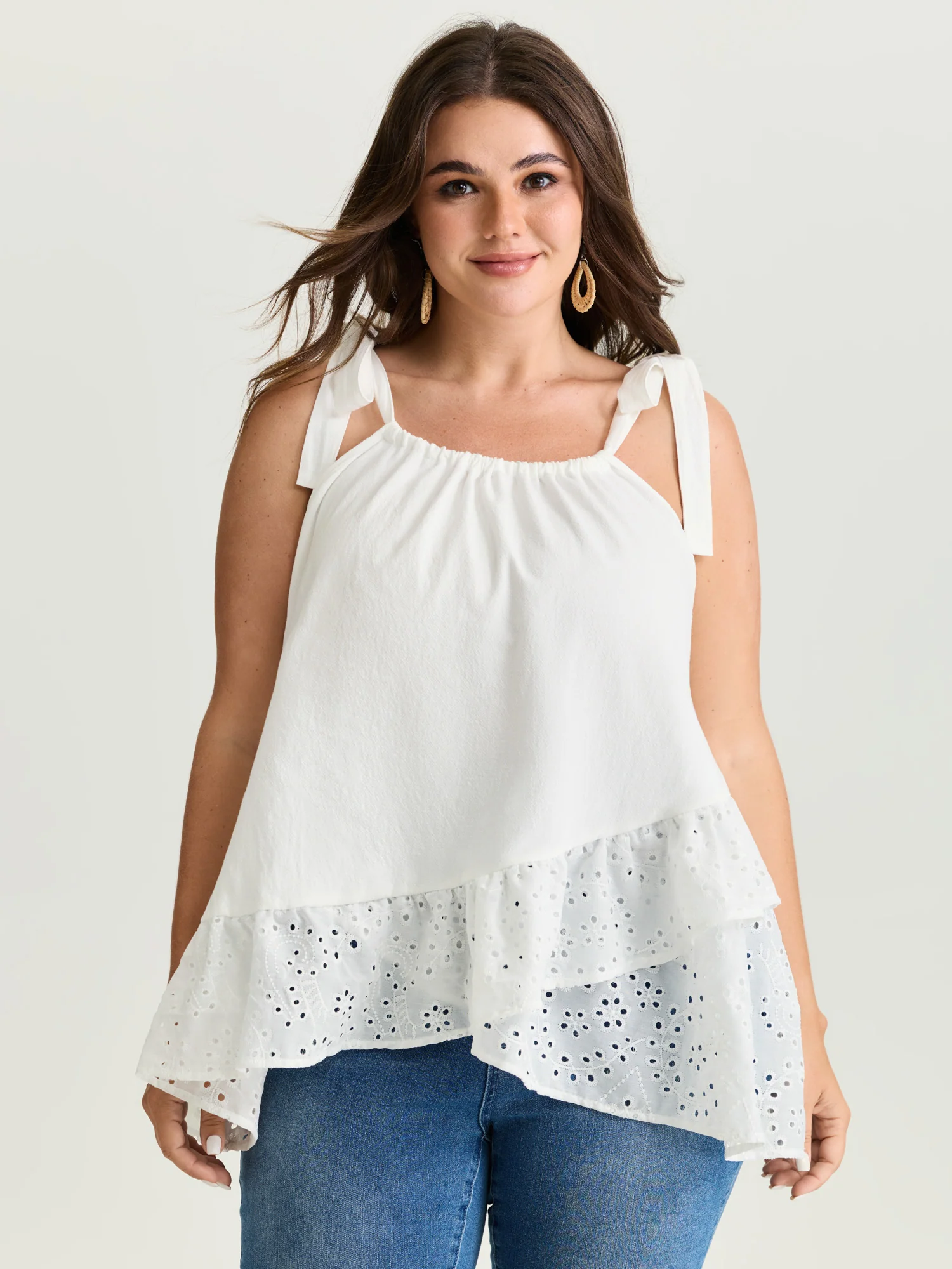 Cotton Overlap Ruffled Hem Shoulder-Tie Tank Top