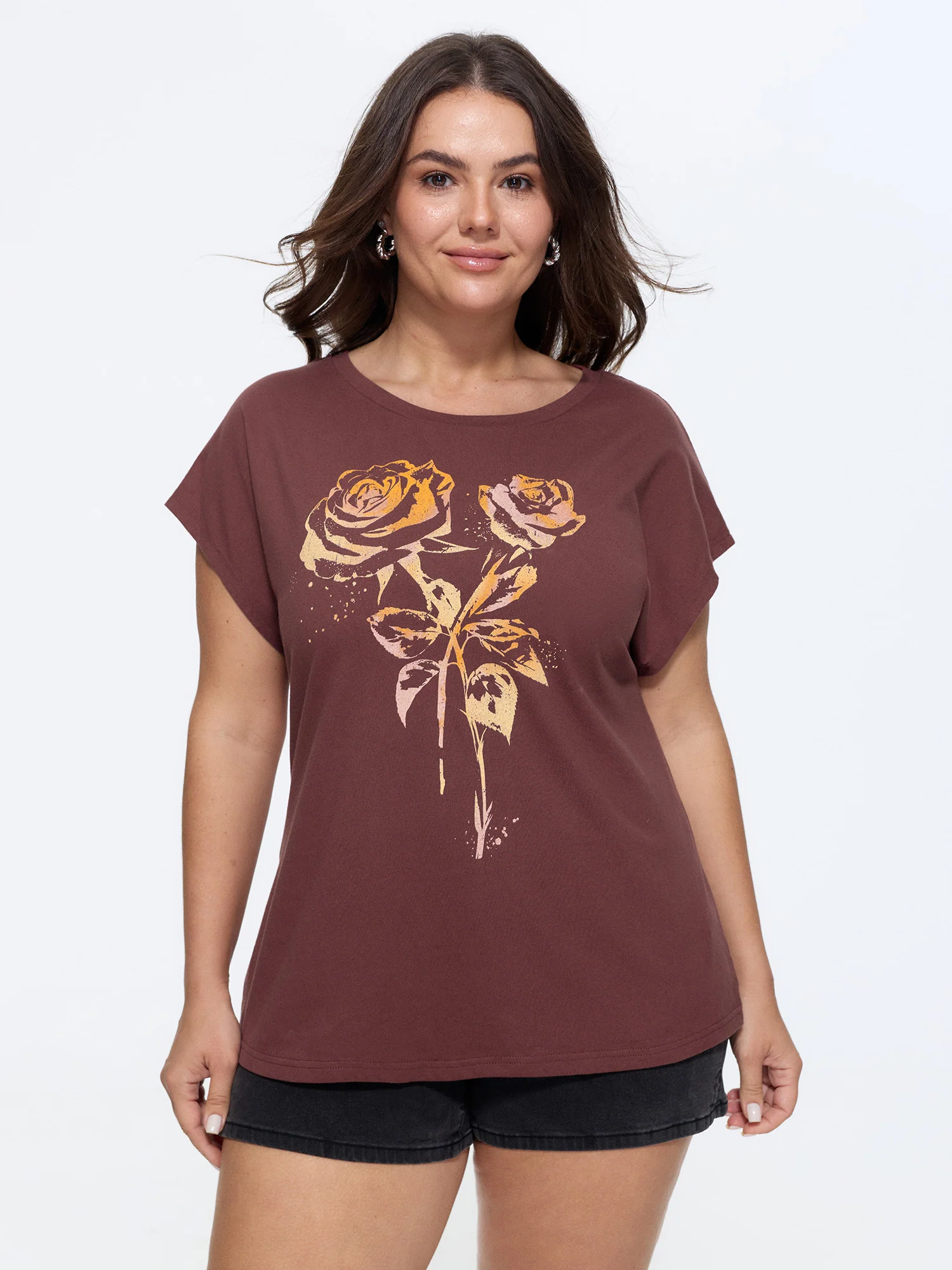 Cotton Floral Print Dolman Sleeve T-Shirt