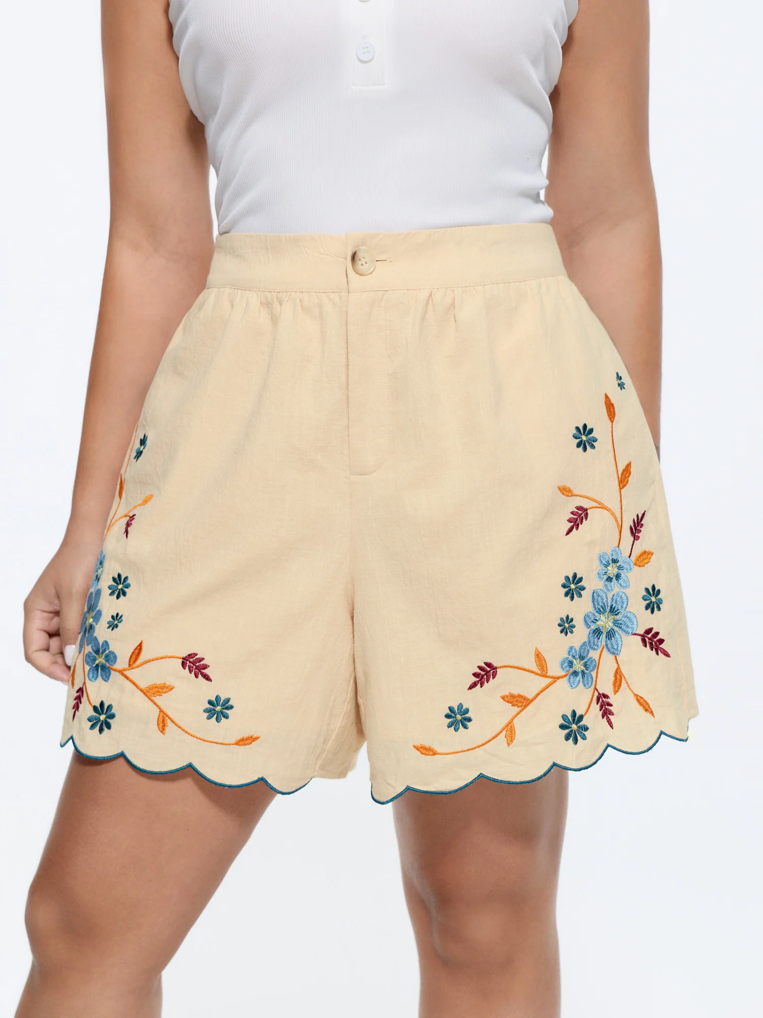 Cotton Colorful Floral Embroidered Pockets Shorts