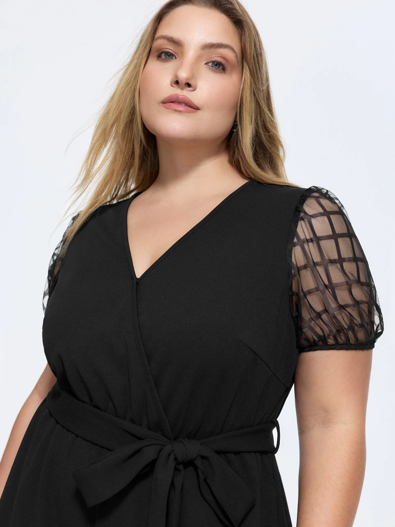 Sheer Sleeves Waist-Tie Romper