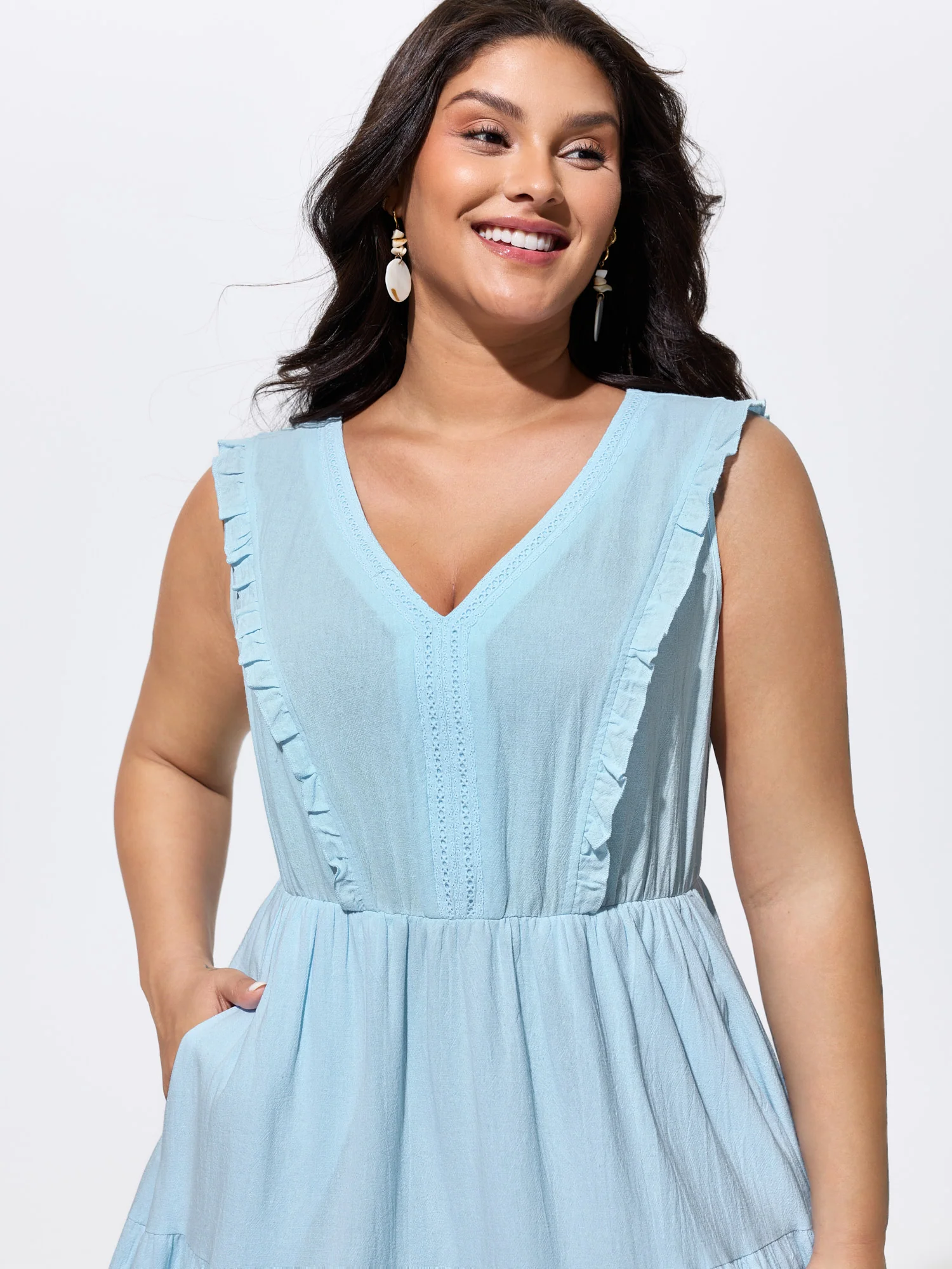 Cotton Ruffled Edge V-Neck Sleeveless Midi Dress