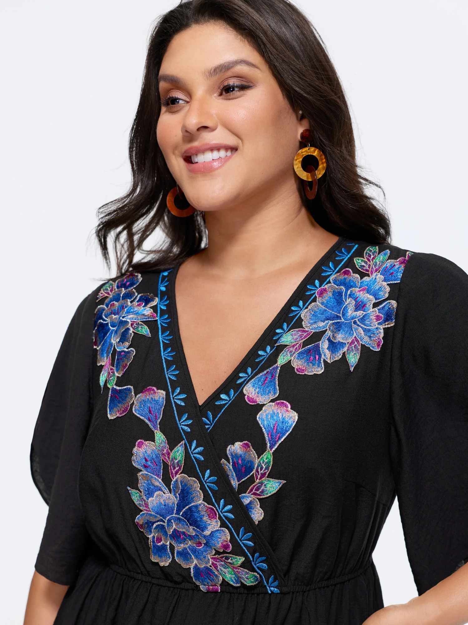 Floral Embroidered Wrap Neckline Top