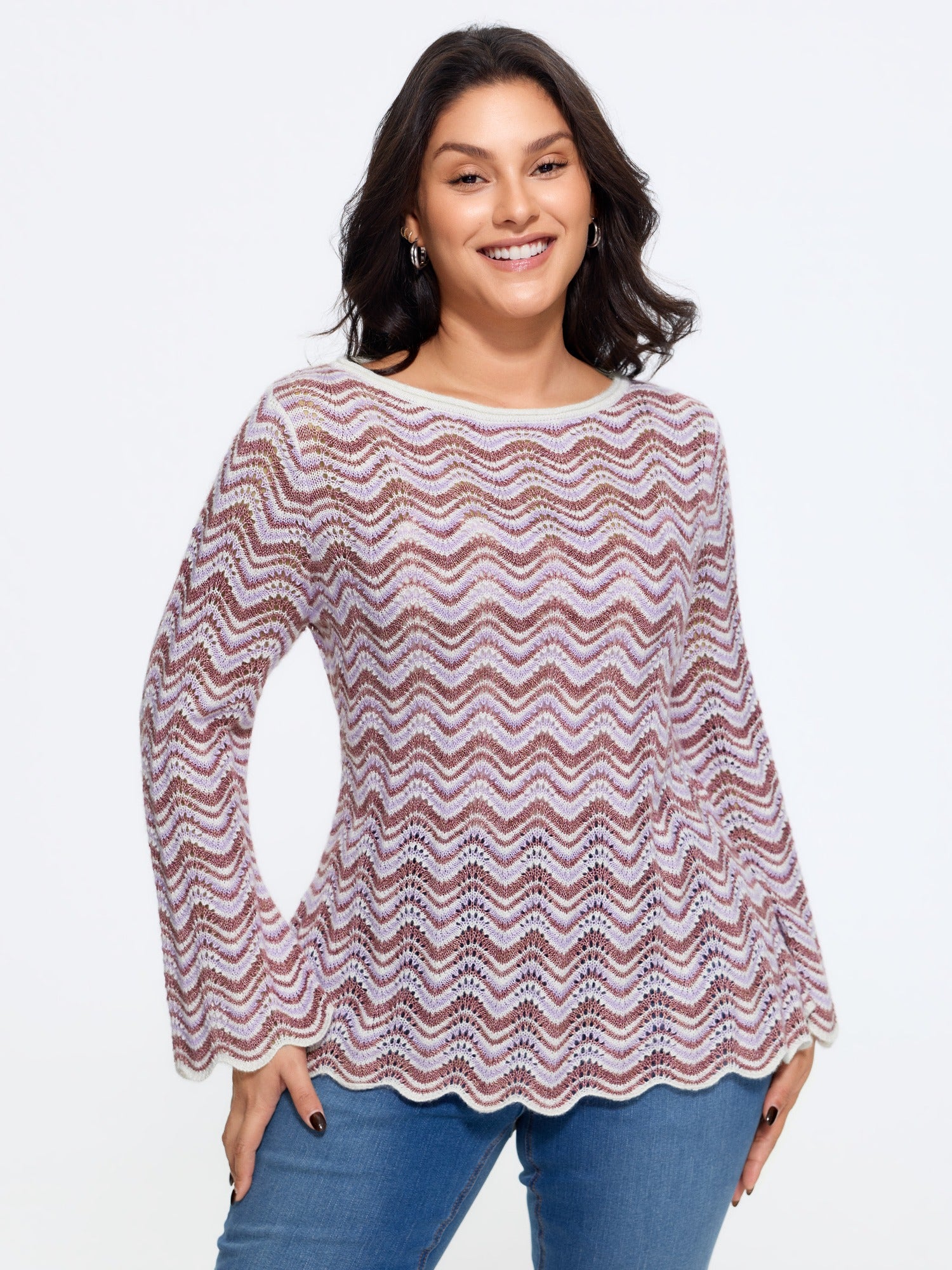 Scallop Hem Cut Out Flare Sleeve Pullover