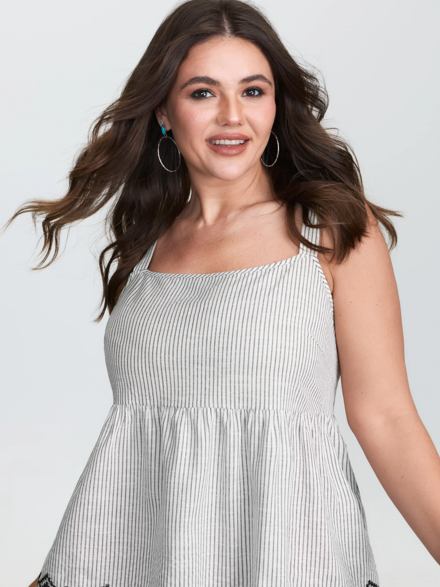 Cotton Linen Striped Embroidered Fringe Hem Tank Top
