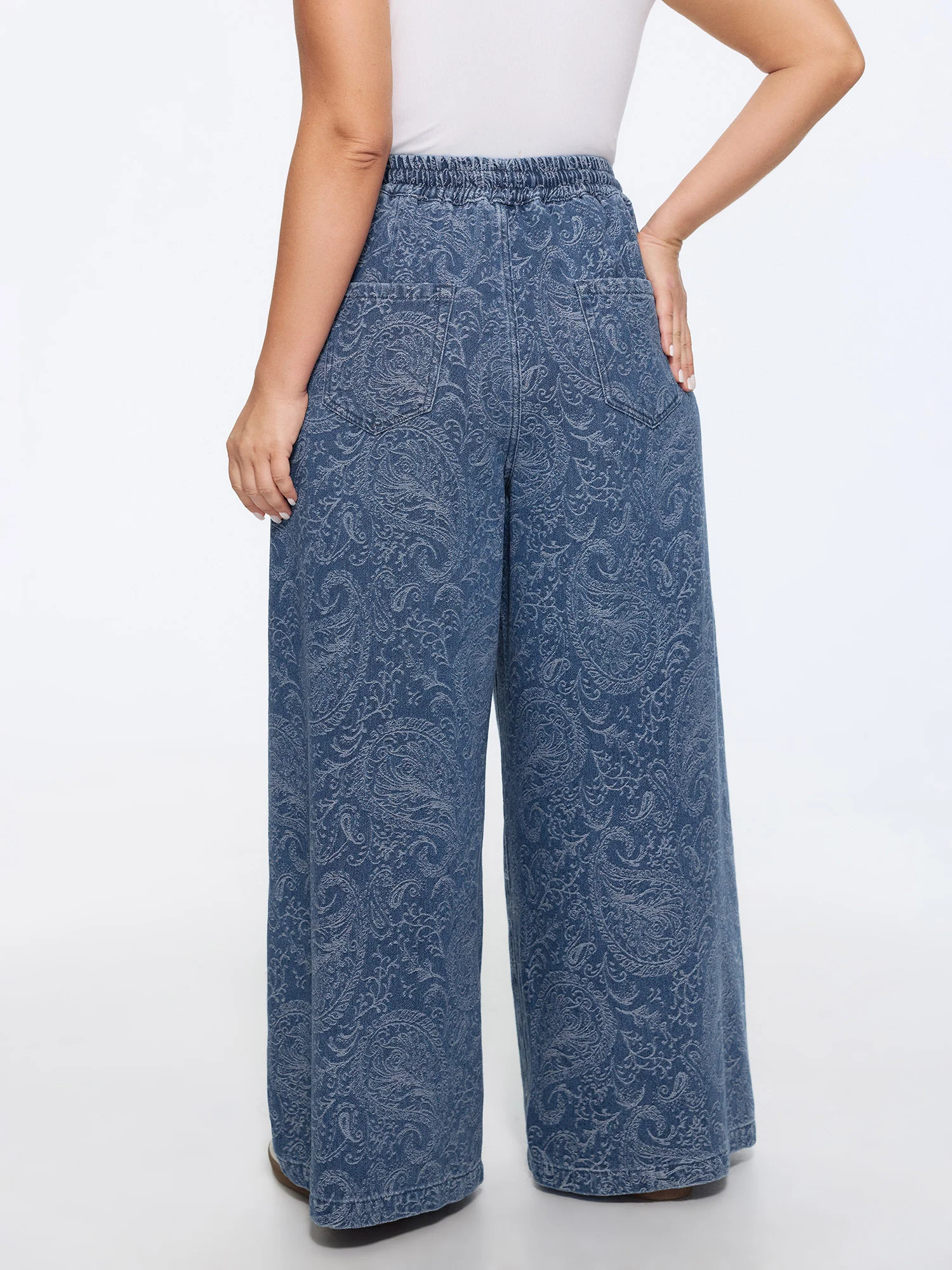 Washed Paisley Print Drawstring Wide Leg Jeans