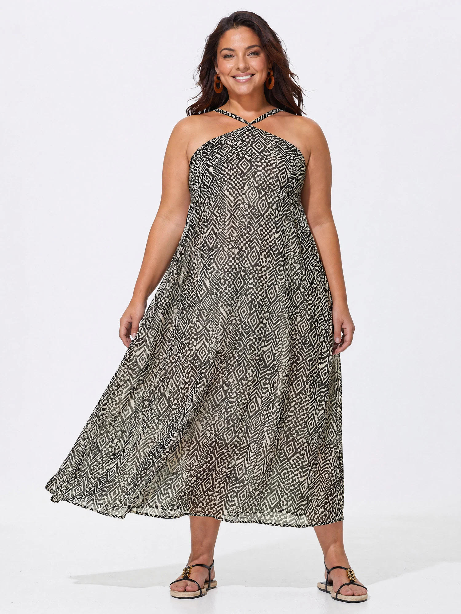 Sheer Geometric Print Halter Neckline Slip Maxi Dress