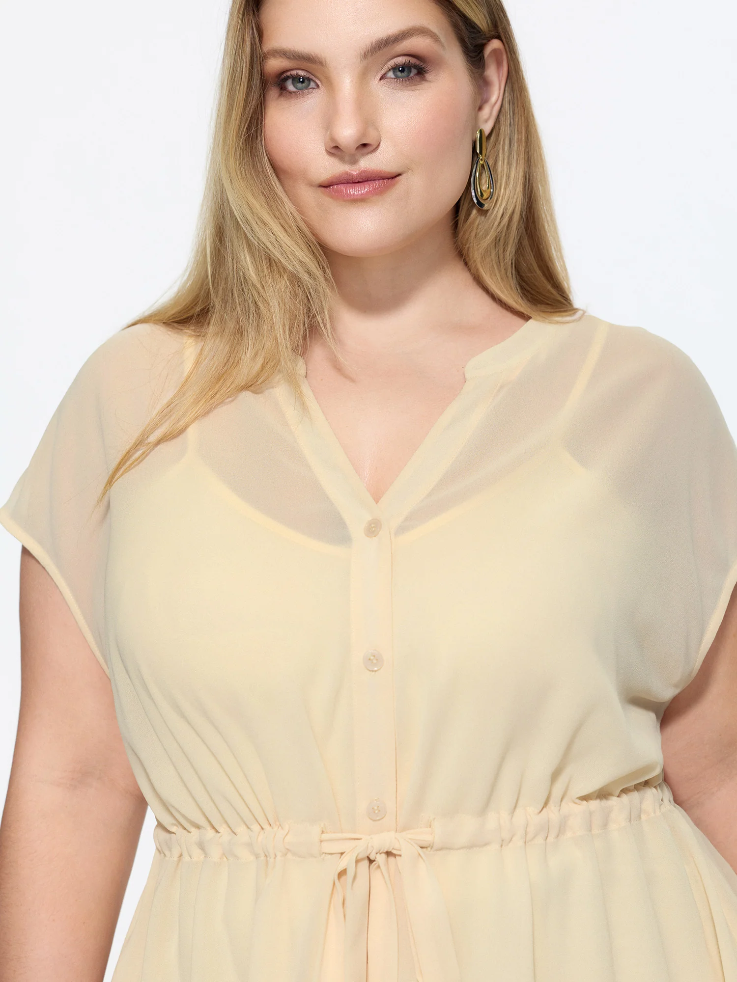 Sheer Drawstring Waist Notched Collar Blouse