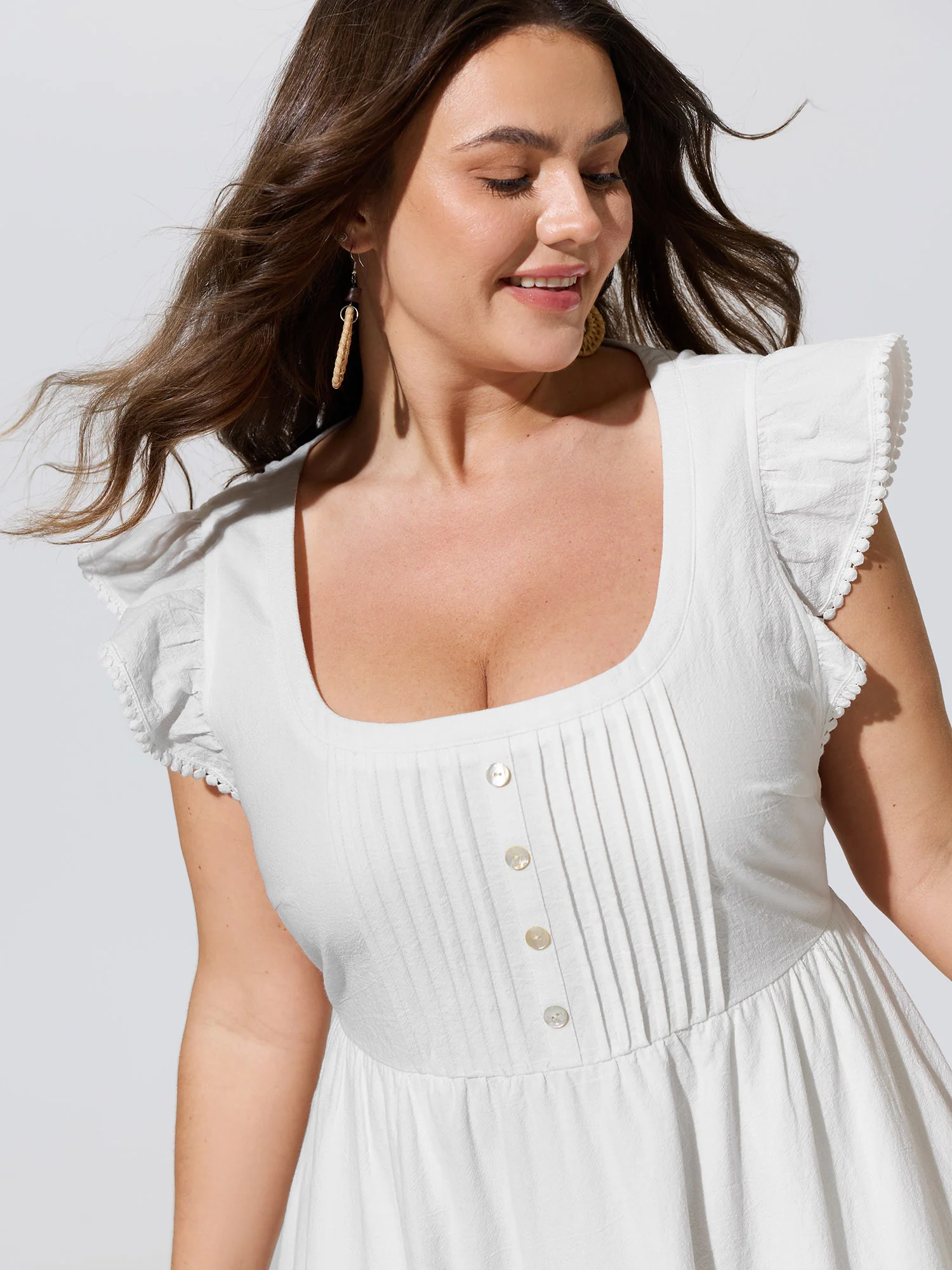 Cotton Ruffled Cap Sleeve Pleated Midi Dress