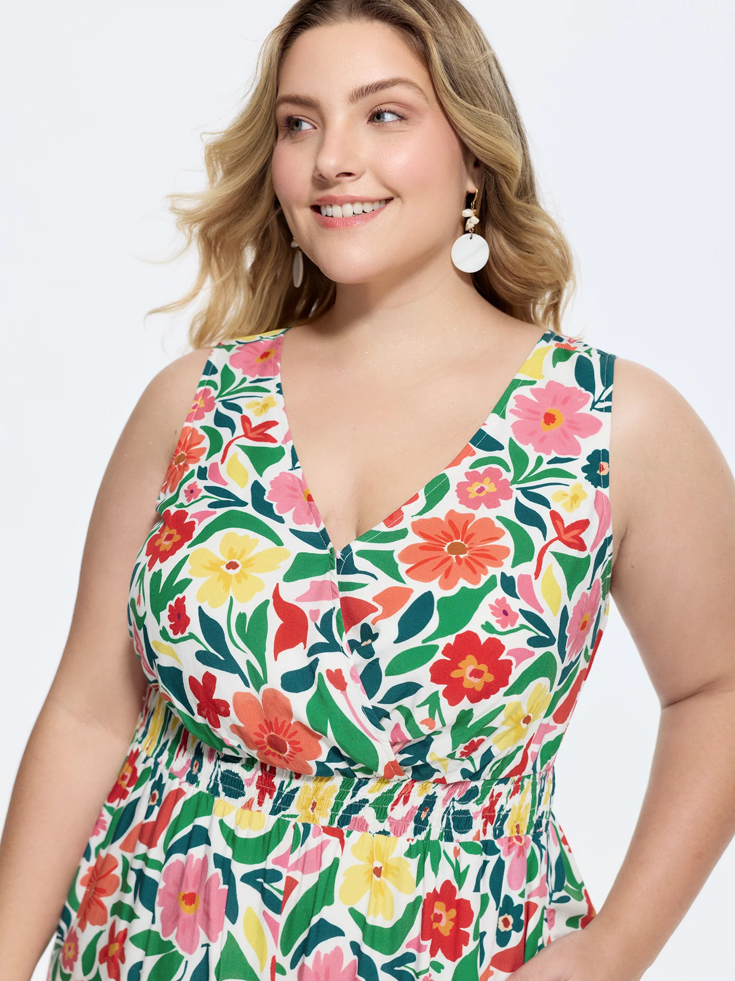 Vibrant Floral Print Shirred Waist Jumpsuit