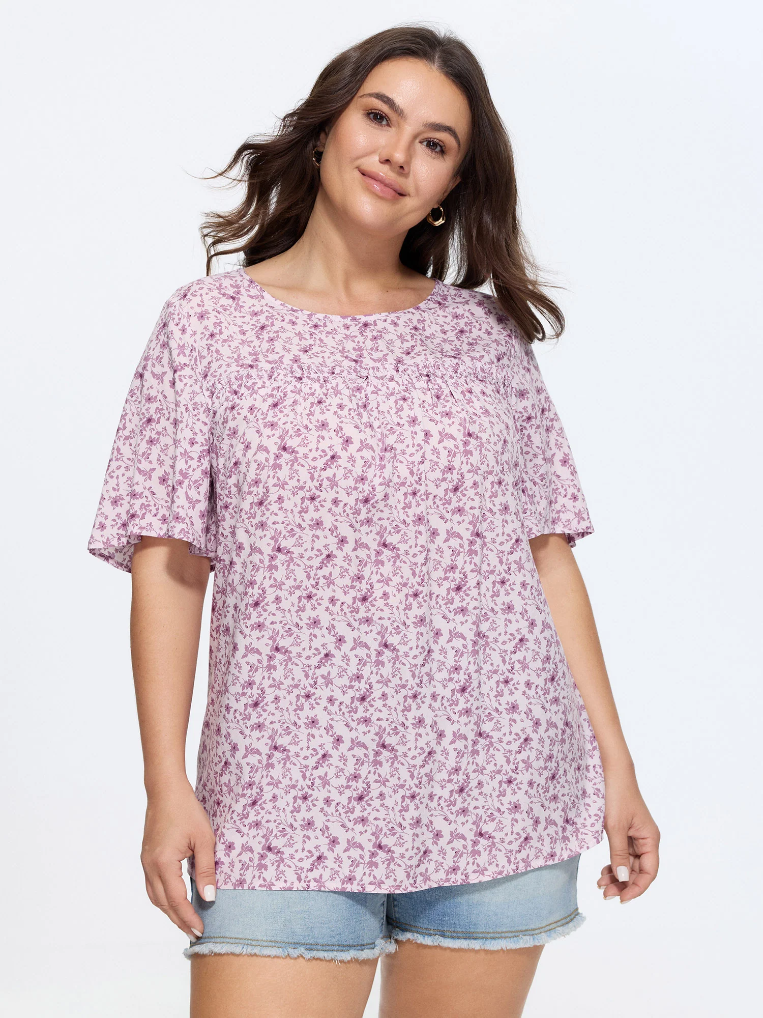 Floral Ruffle Sleeve Gathered Round Neck Blouse