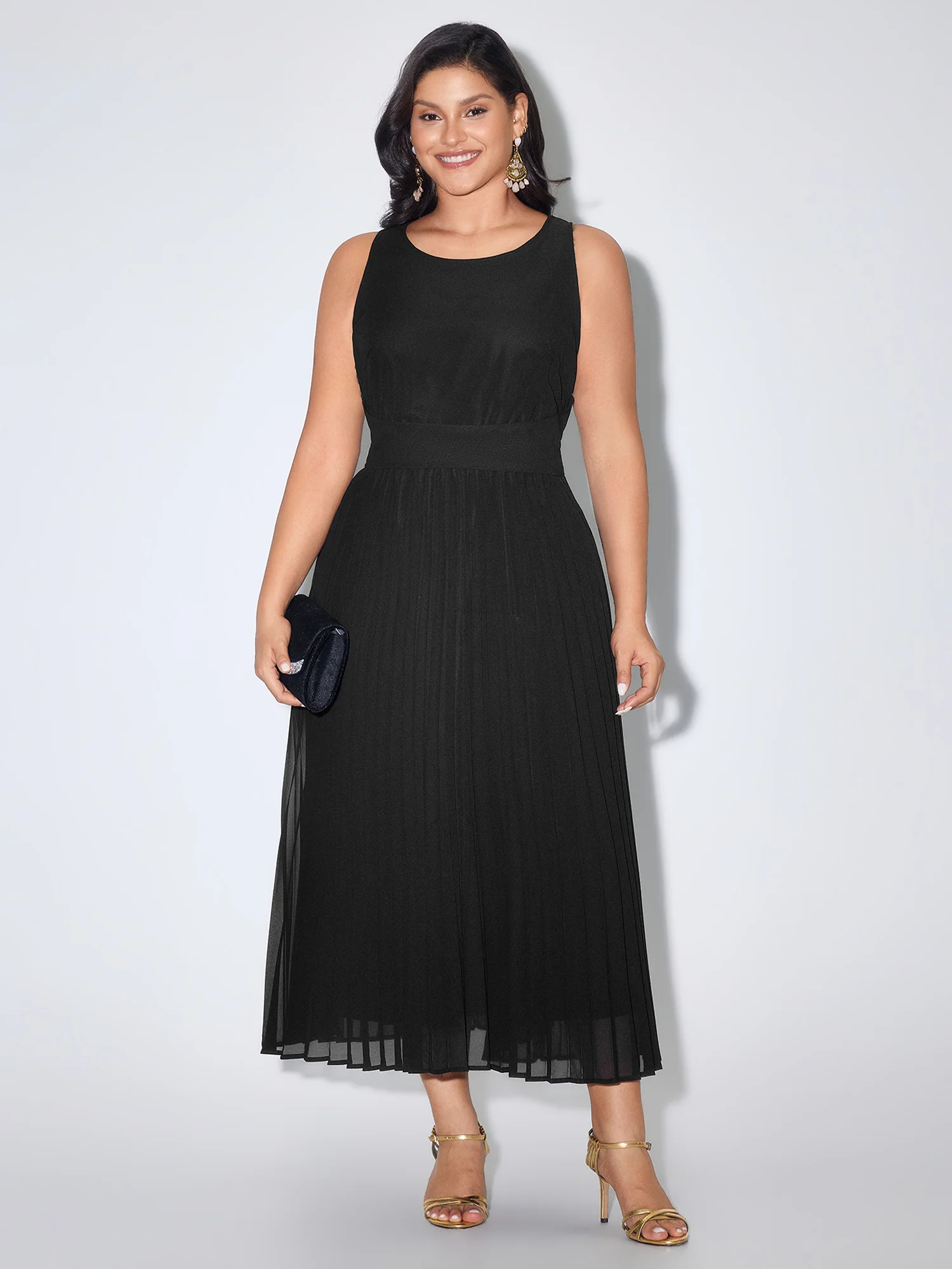 Pleated Waist-Defining Sleeveless Maxi Dress