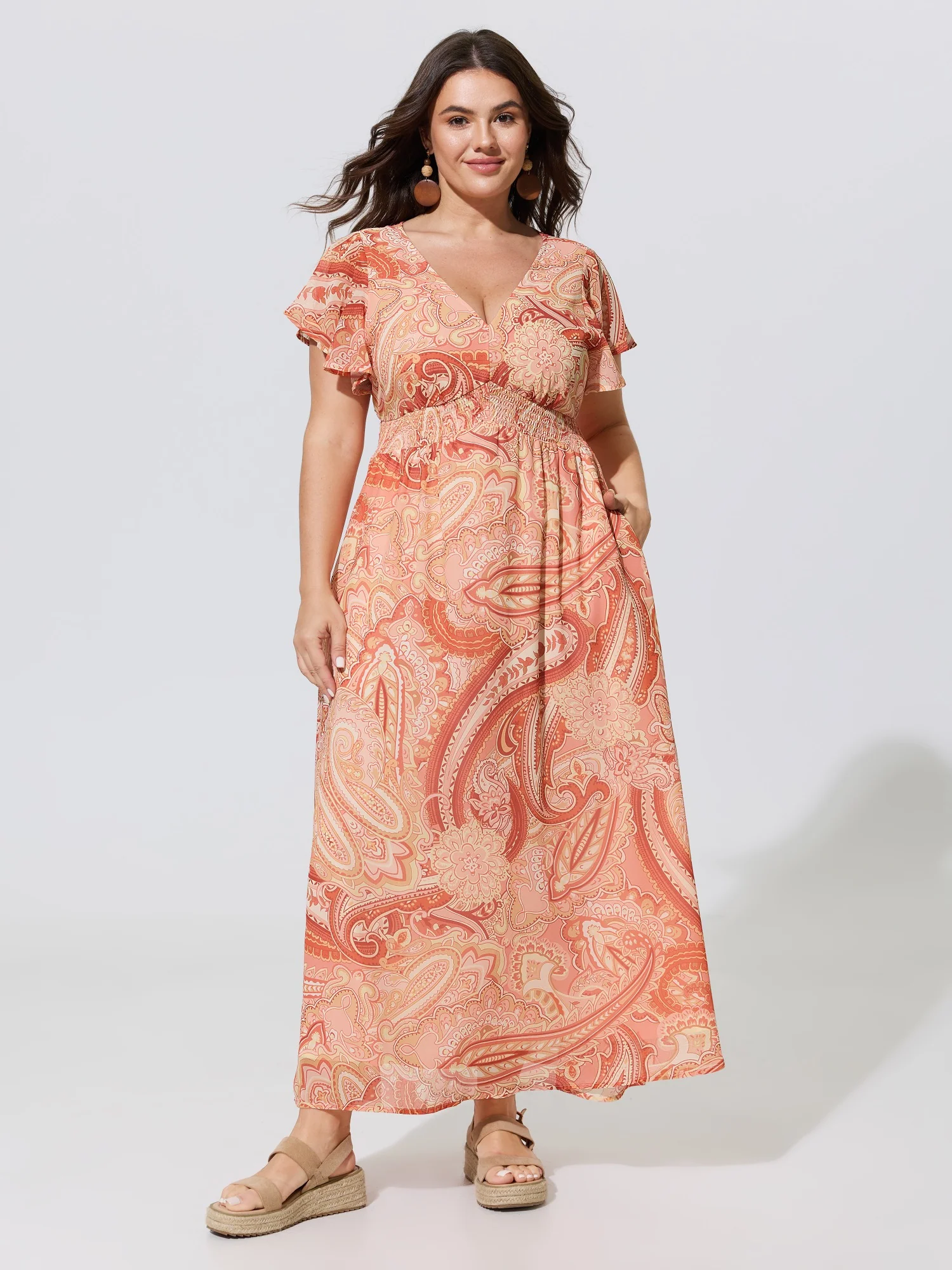 Paisley Print Shirred Waist Maxi Dress