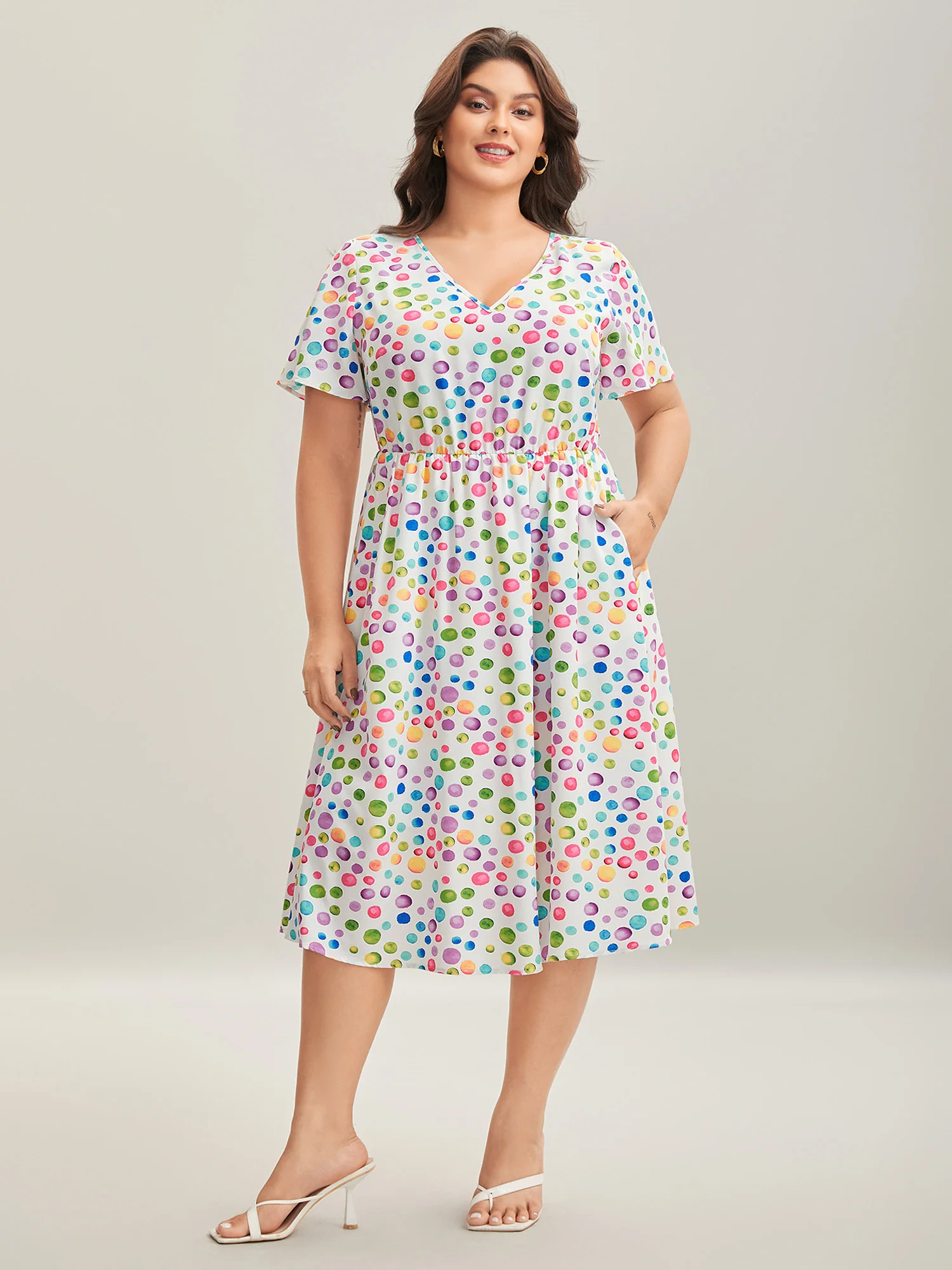 Polka Dots Print Pockets V-Neck Midi Dress