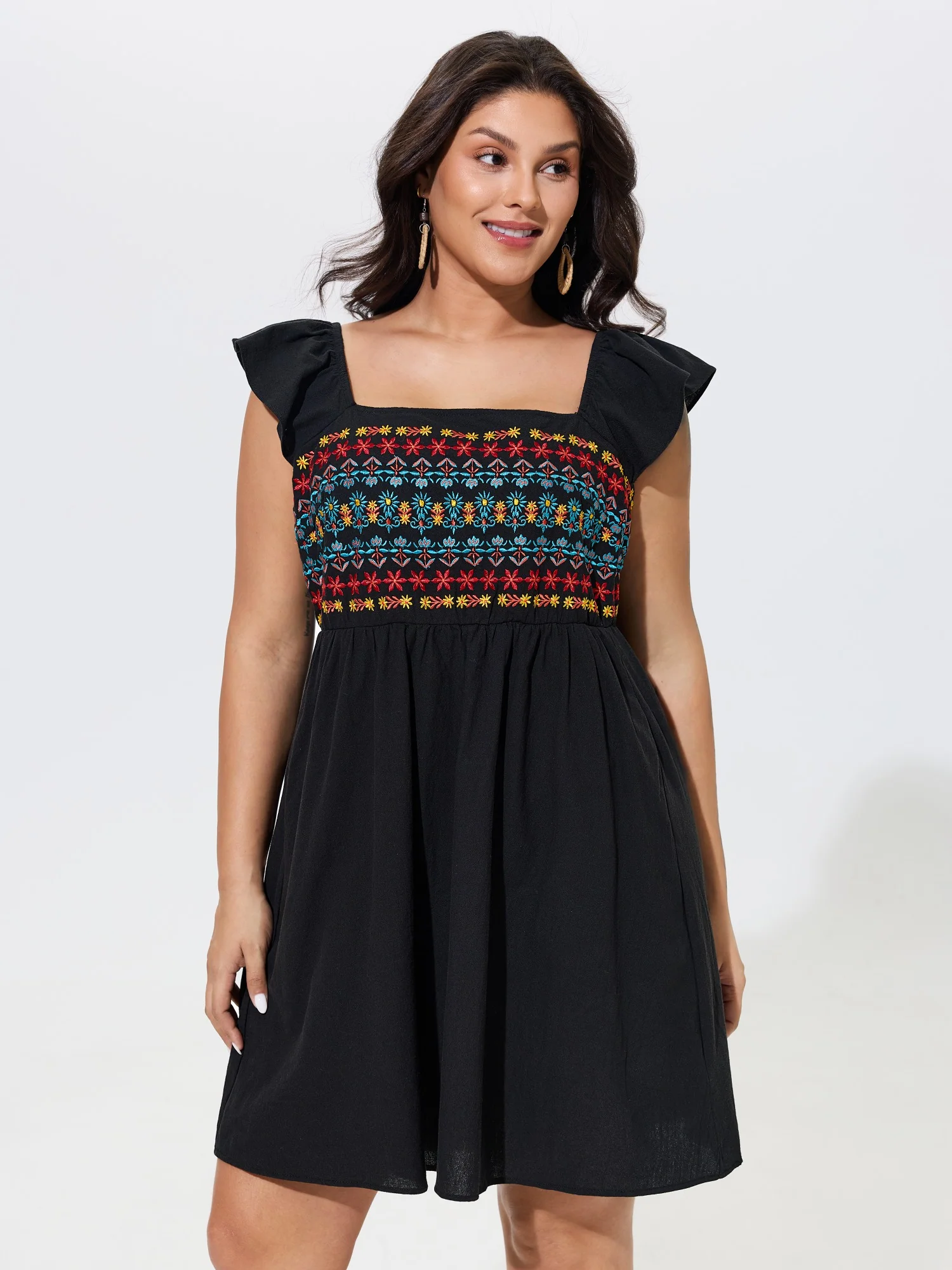 Cotton Boho Embroidery Ruffle Strap Mini Dress