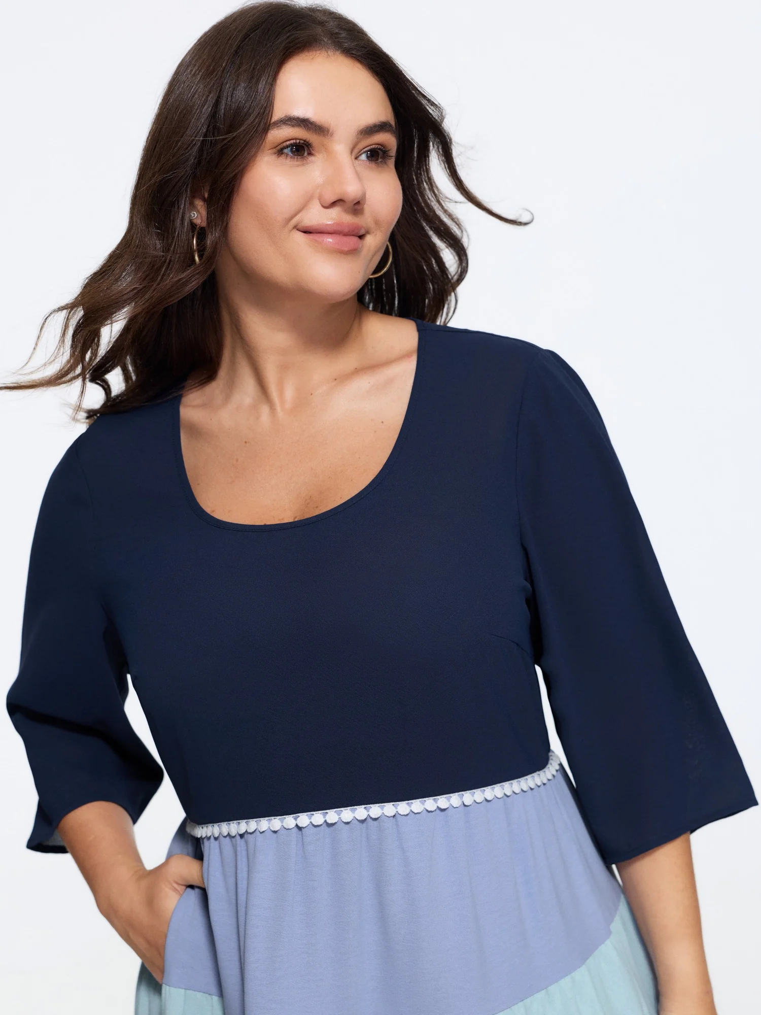 U Neck Color Block Tiered Mini Dress