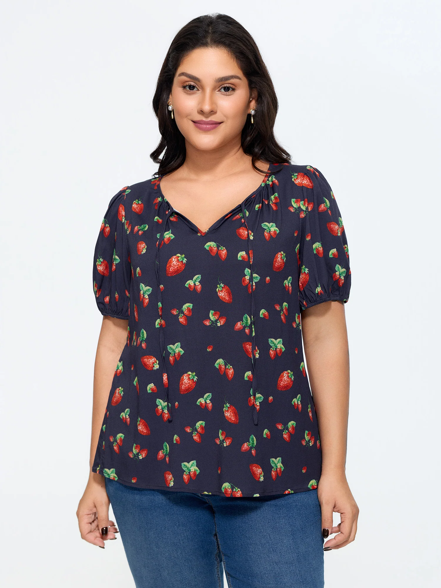 Strawberry Print V Neck Bubble Sleeve Blouse