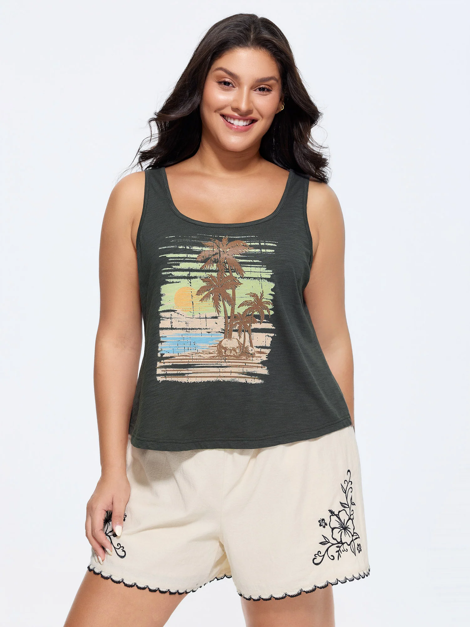 Cotton Stretchy Island Print Tank Top