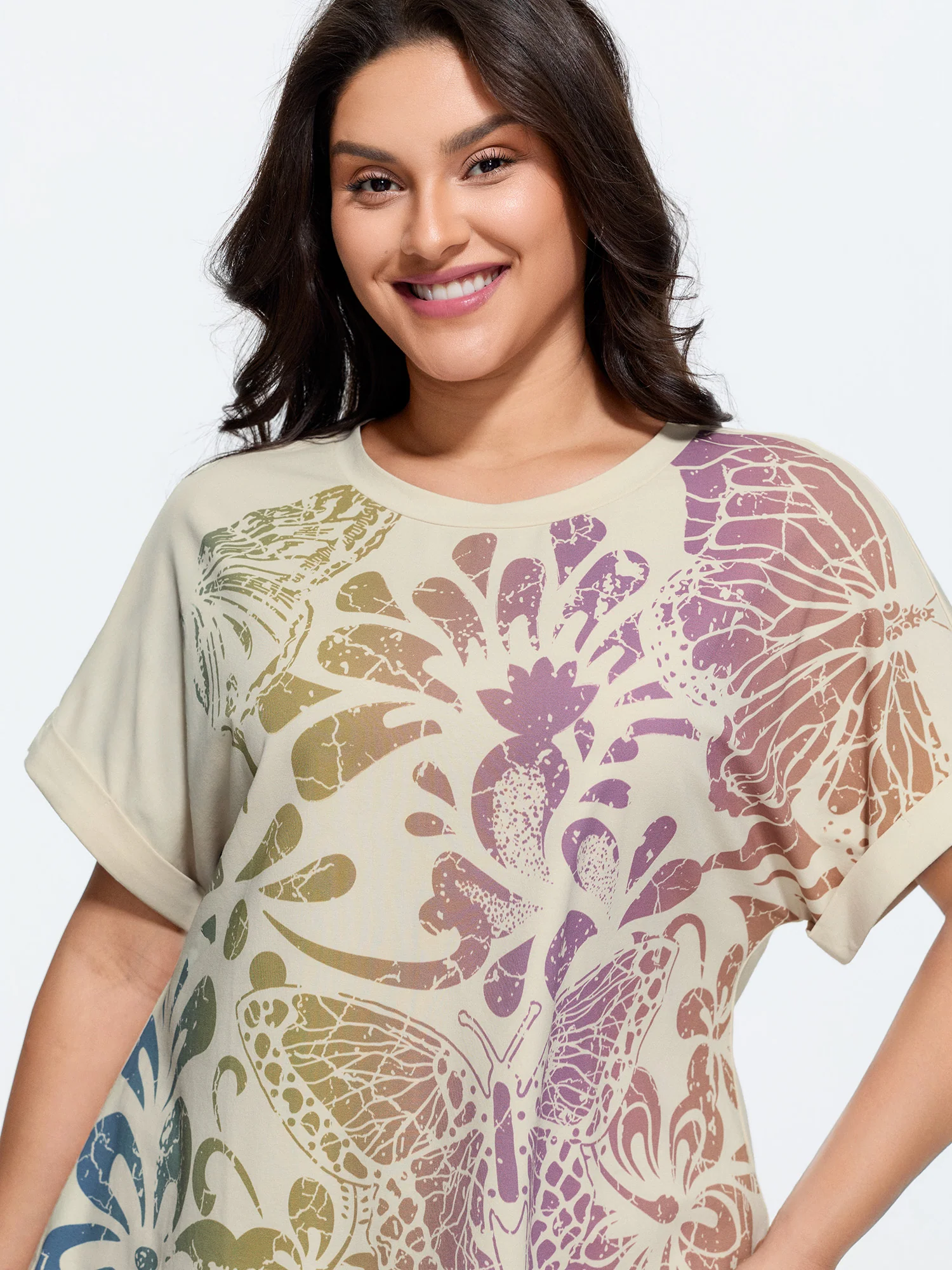 Cotton Colorful Floral Print Flared Sleeve T-Shirt