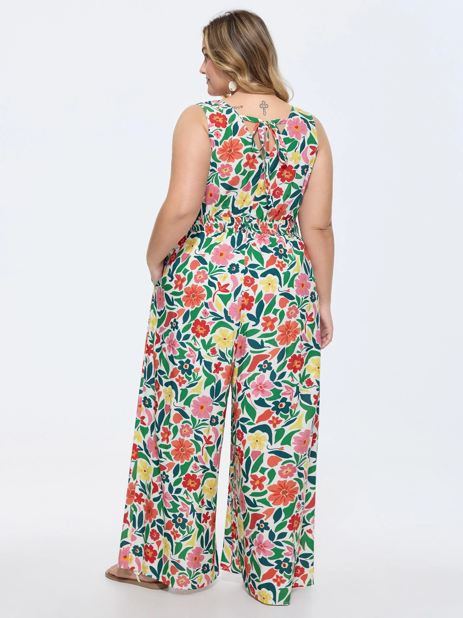 Vibrant Floral Print Shirred Waist Jumpsuit
