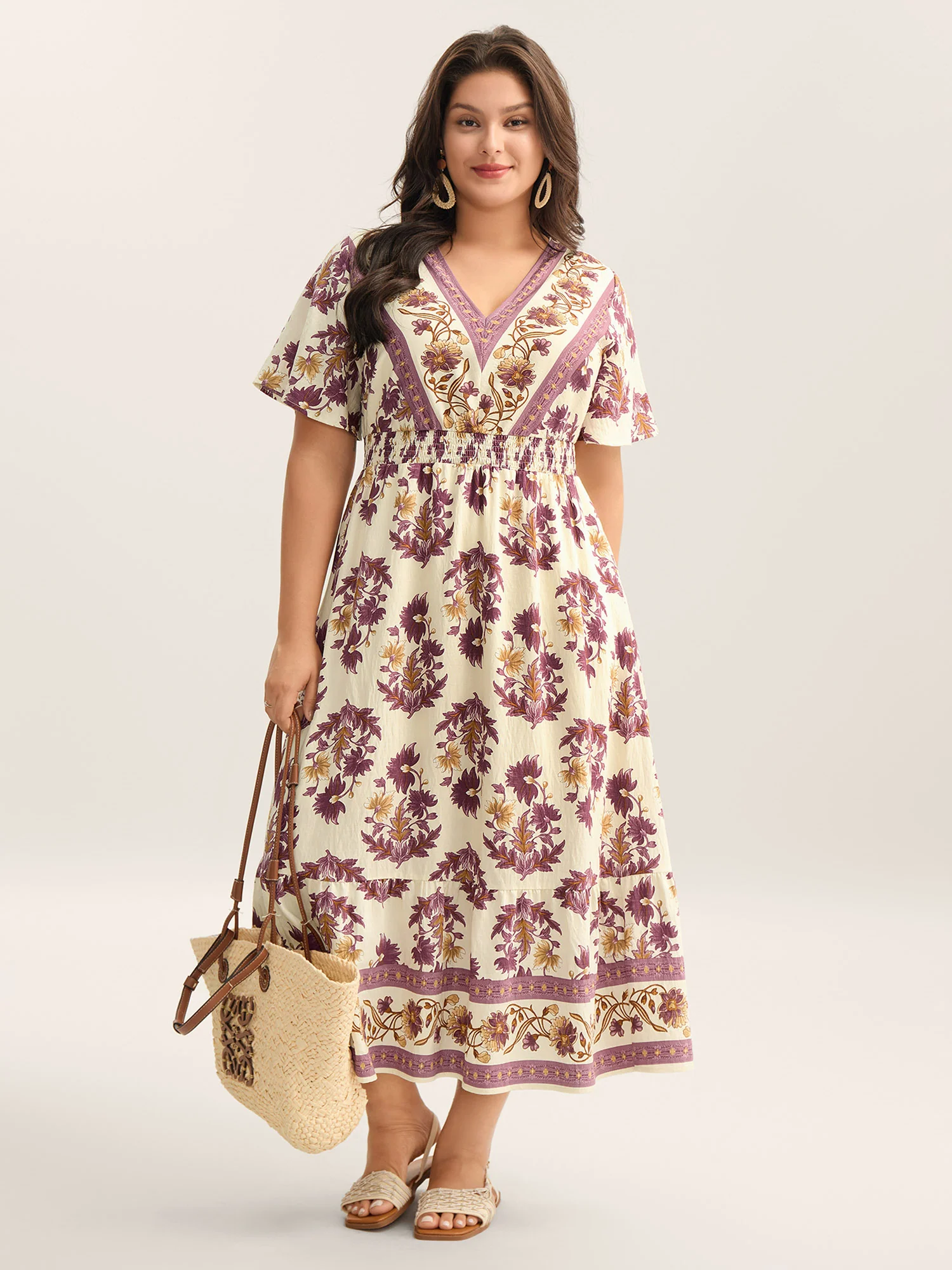 Rayon Floral Print Stretchy Waist Midi Dress