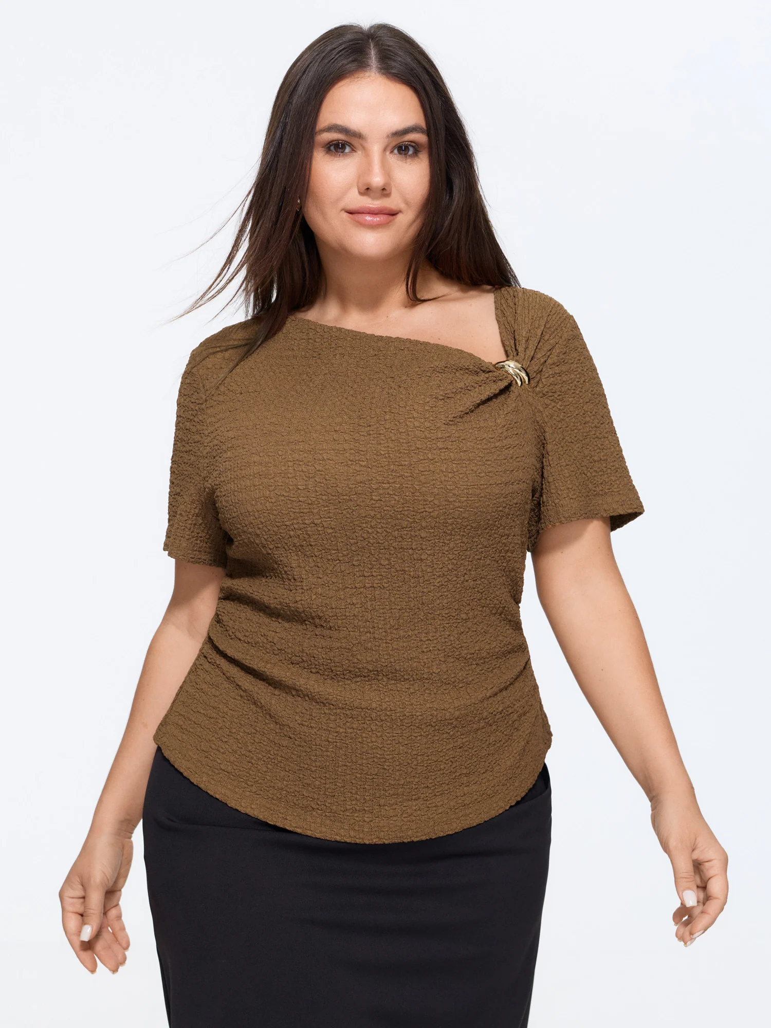 Textured Asymmetrical Neck Metallic Buckle Top