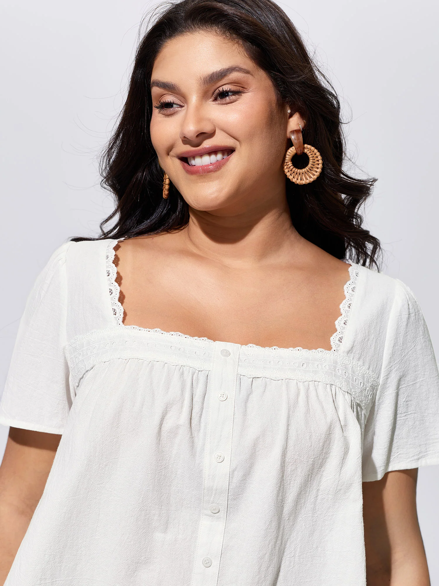 Cotton Lace Trim Square Neck Spliced Blouse