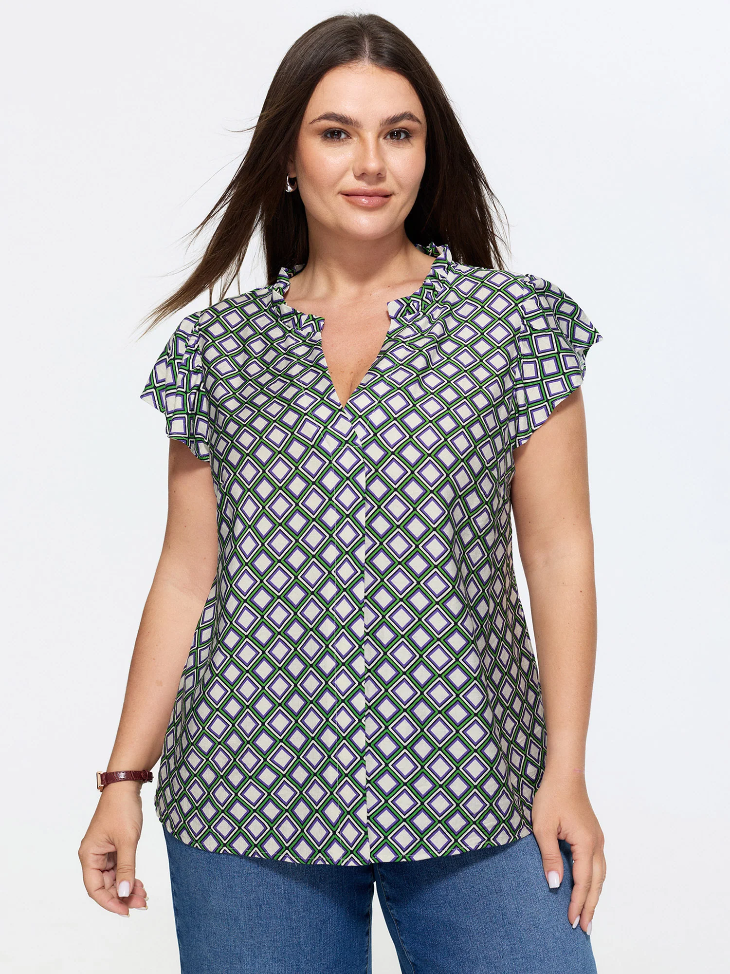Geo Print Notched Collar Blouse