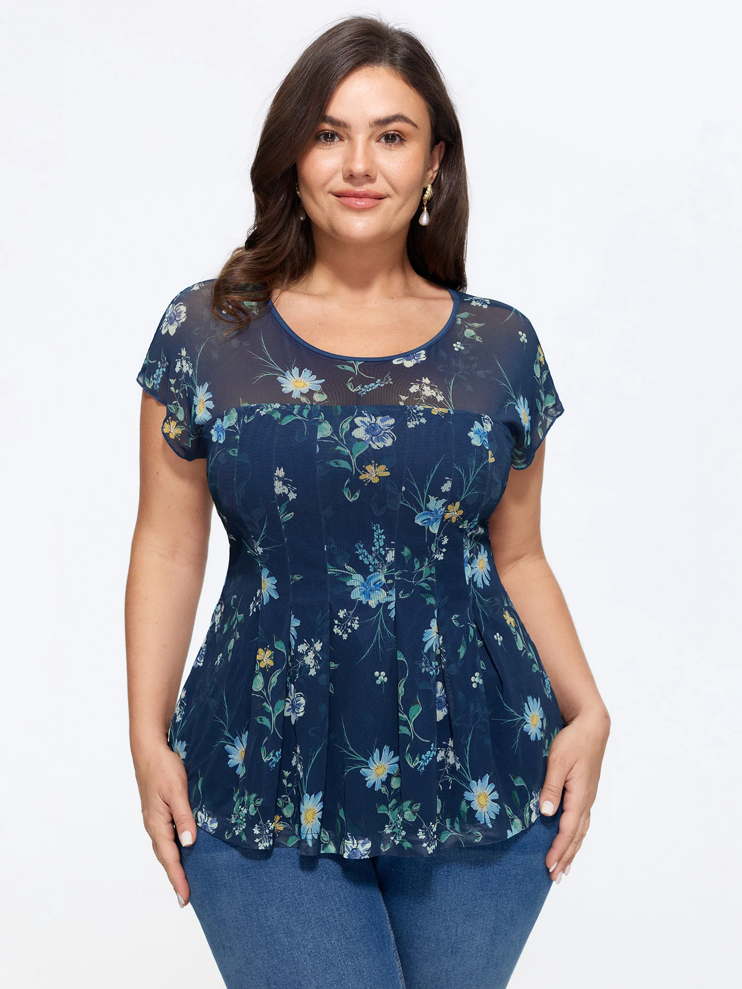 Stretchy Sheer Floral Mesh Pleated Top