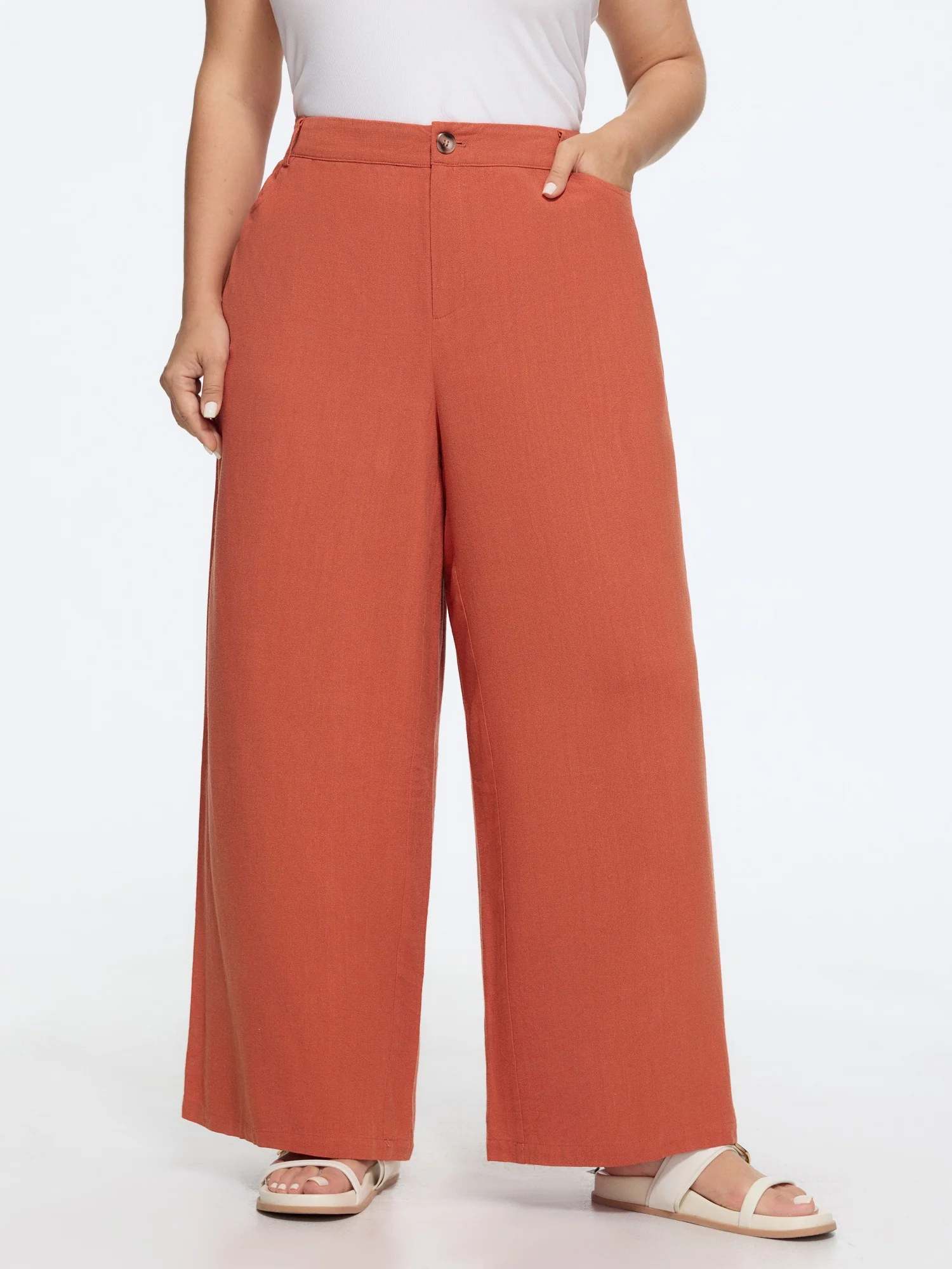 Linen Blend High Waist Straight-Leg Pants