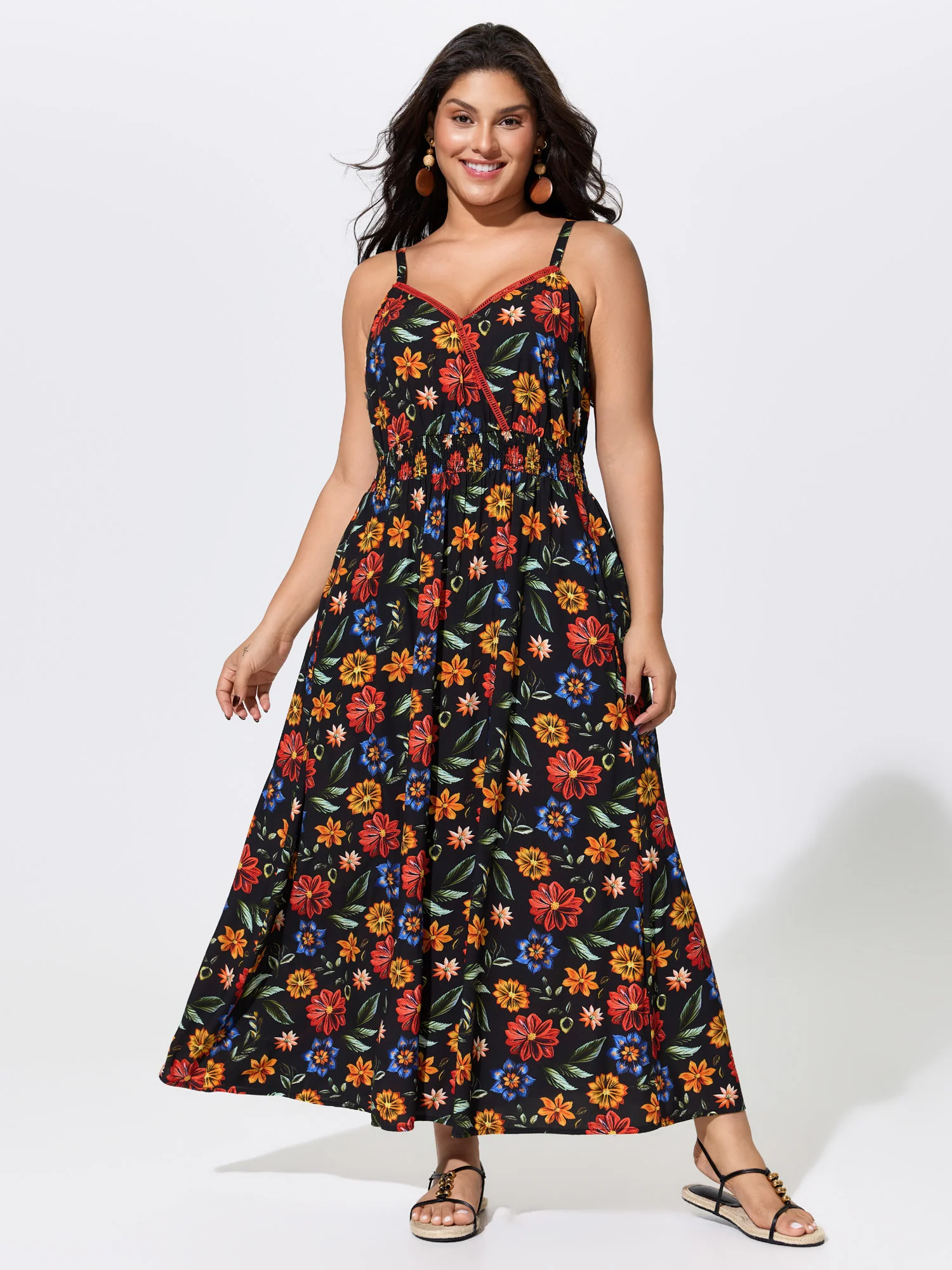 Floral Print Shirred Waist Maxi Dress