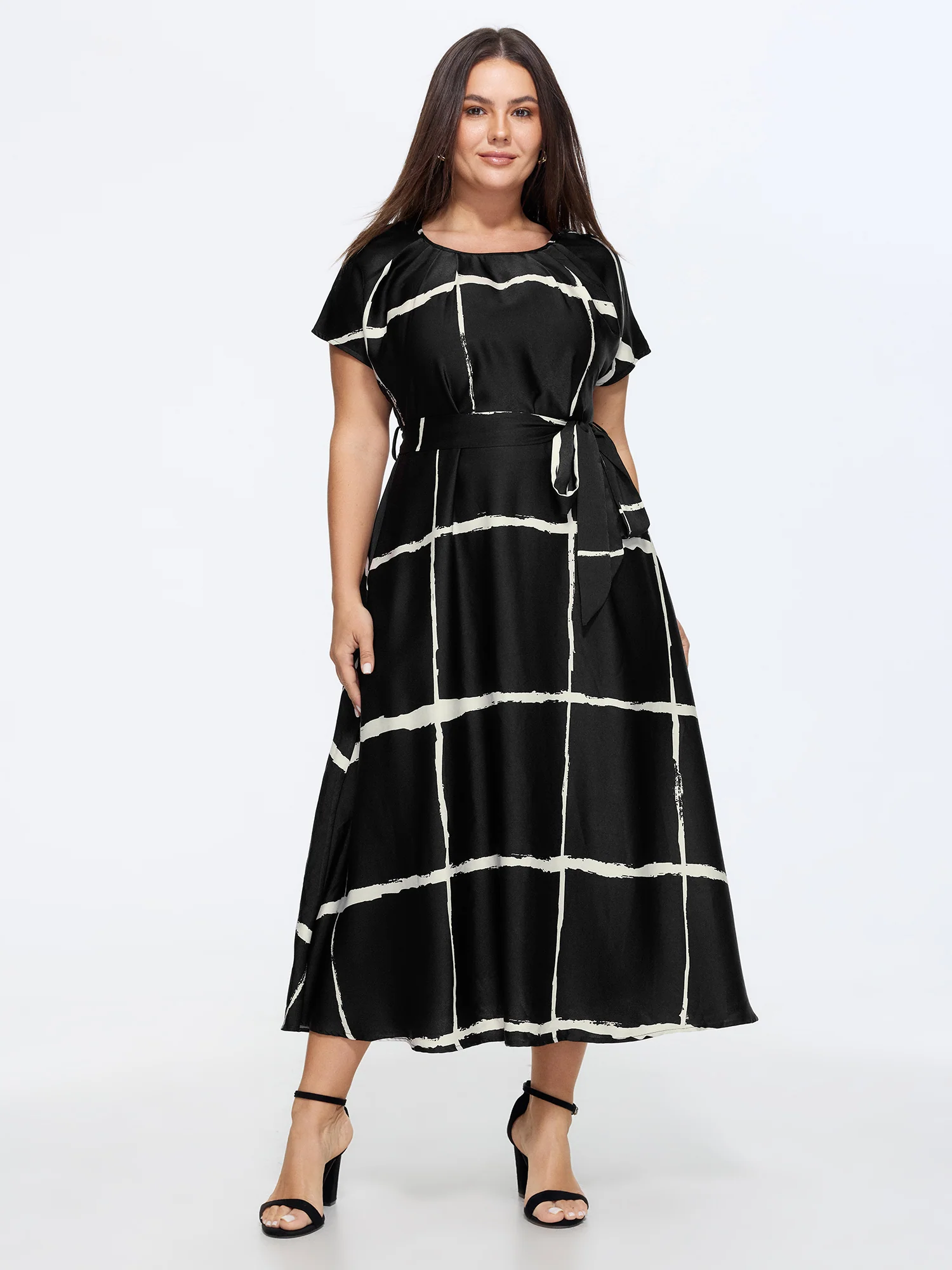 Plaid Print Round Neck Belted Midi Dress