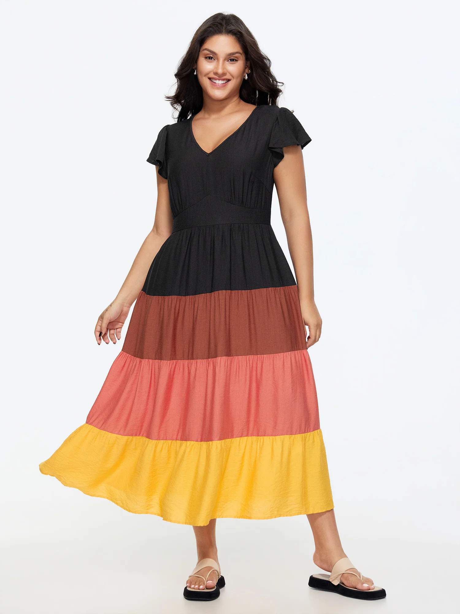 Colorblock Tiered Ruffled Sleeve Maxi Dress