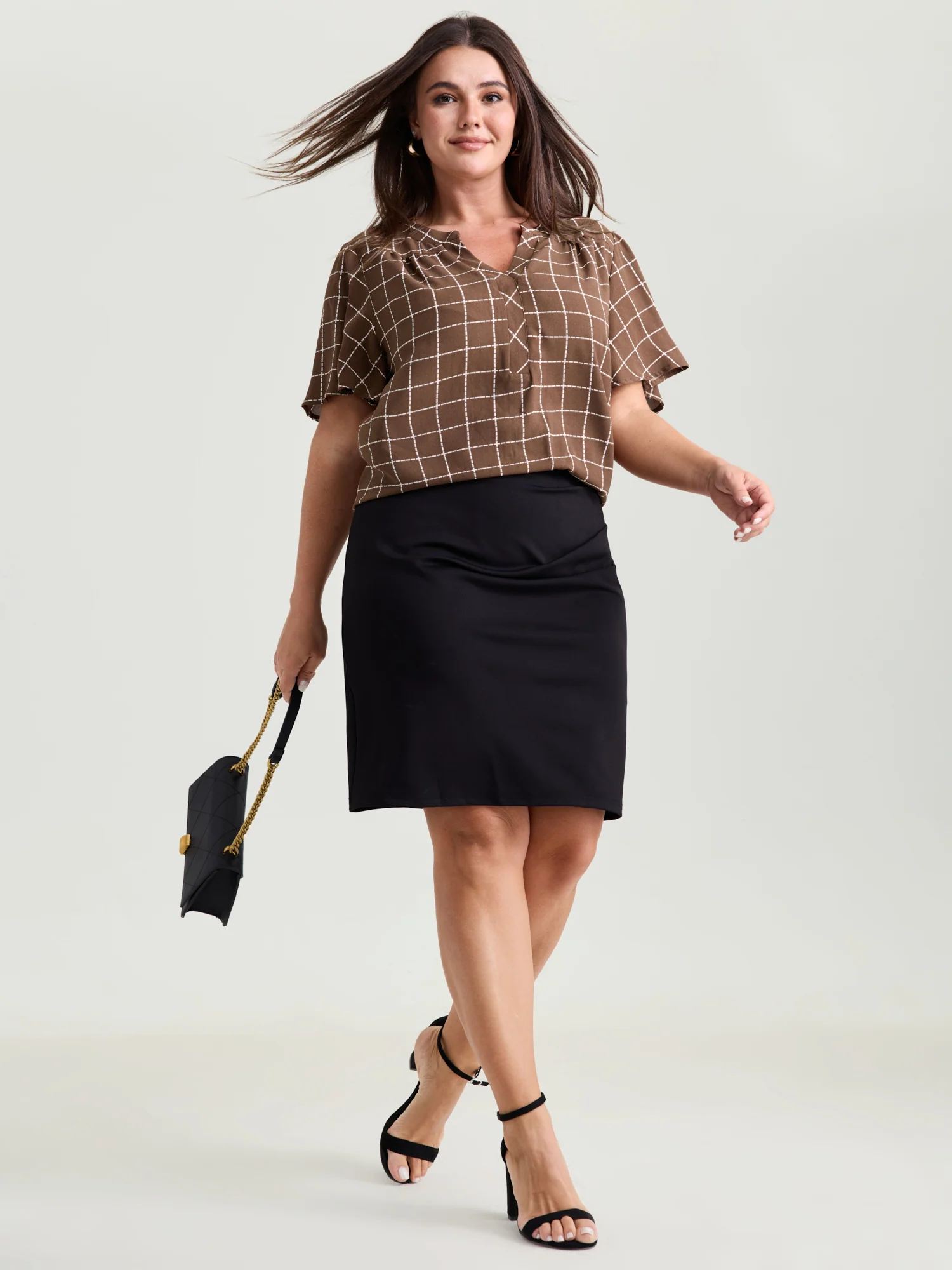 Checkered Notched Collar Panel Back Blouse