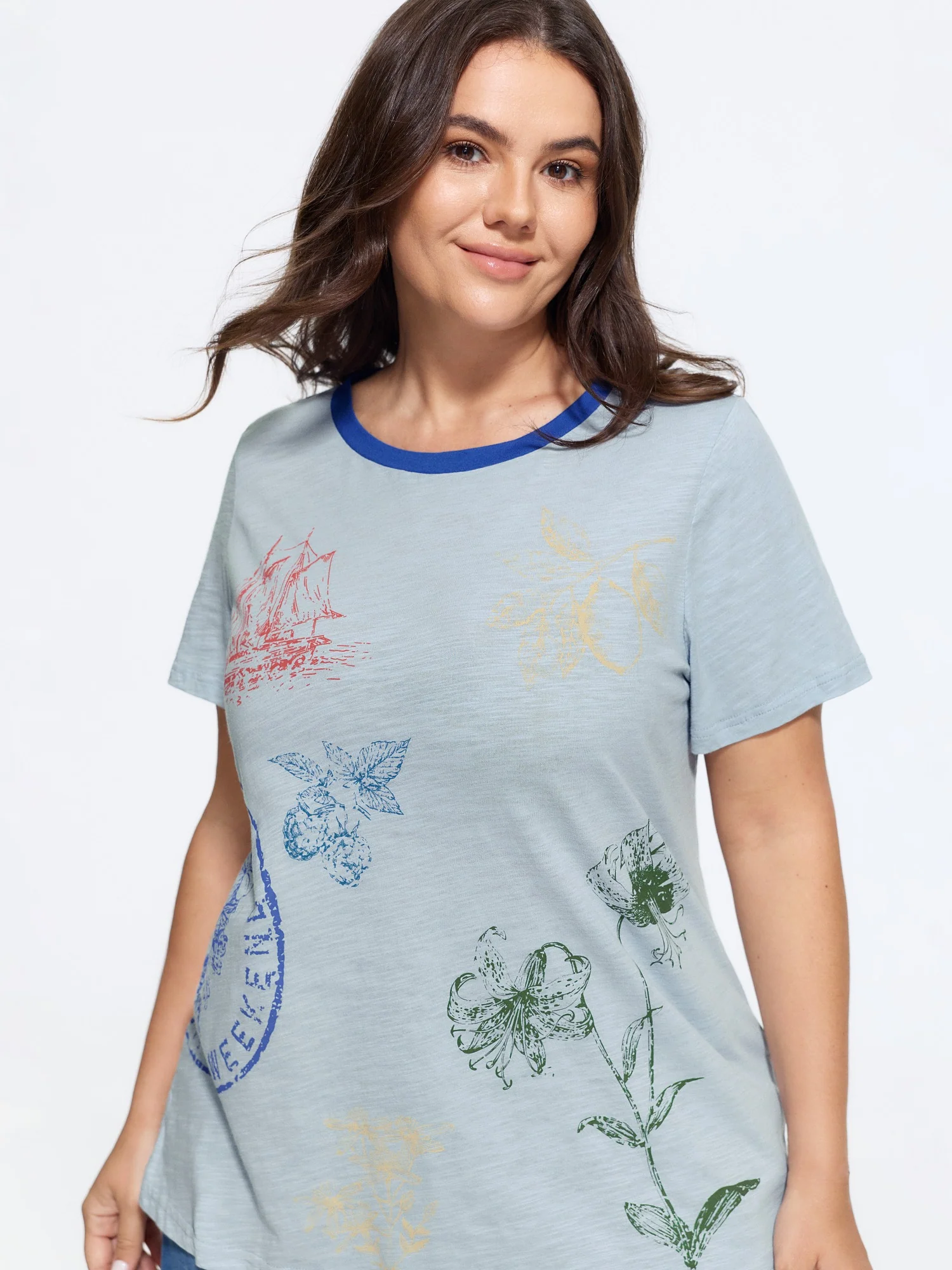 Cotton Crew Neck Plant Print Loose T-Shirt