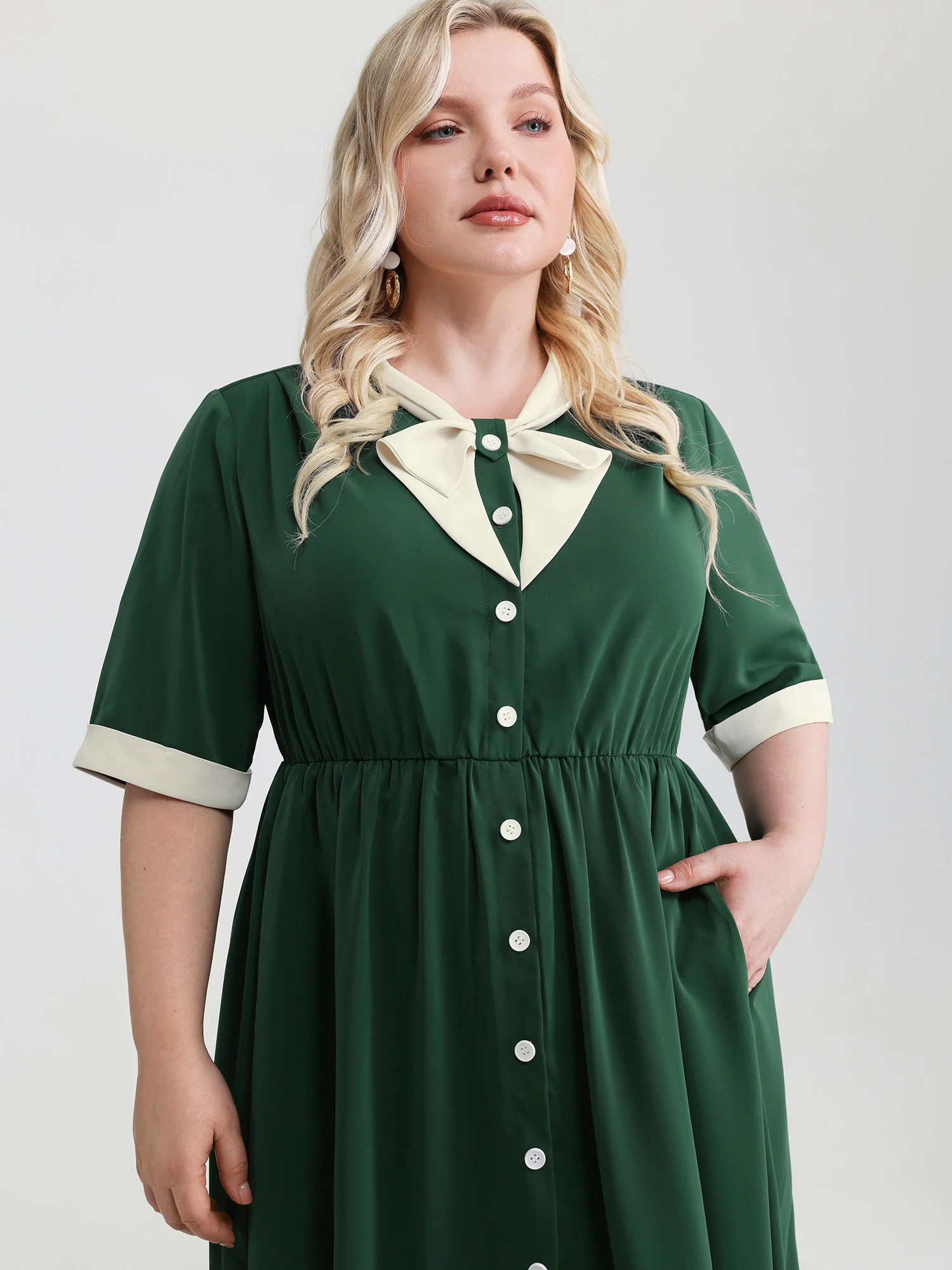 Retro Color Contrast Floating Collar Midi Dress