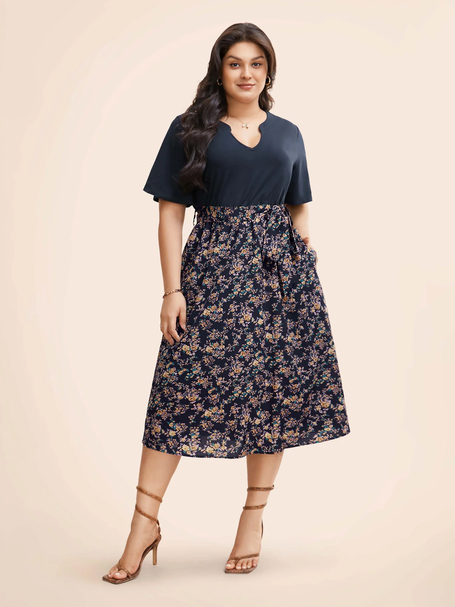 Notched Collar Floral Patchwork Belted Dress