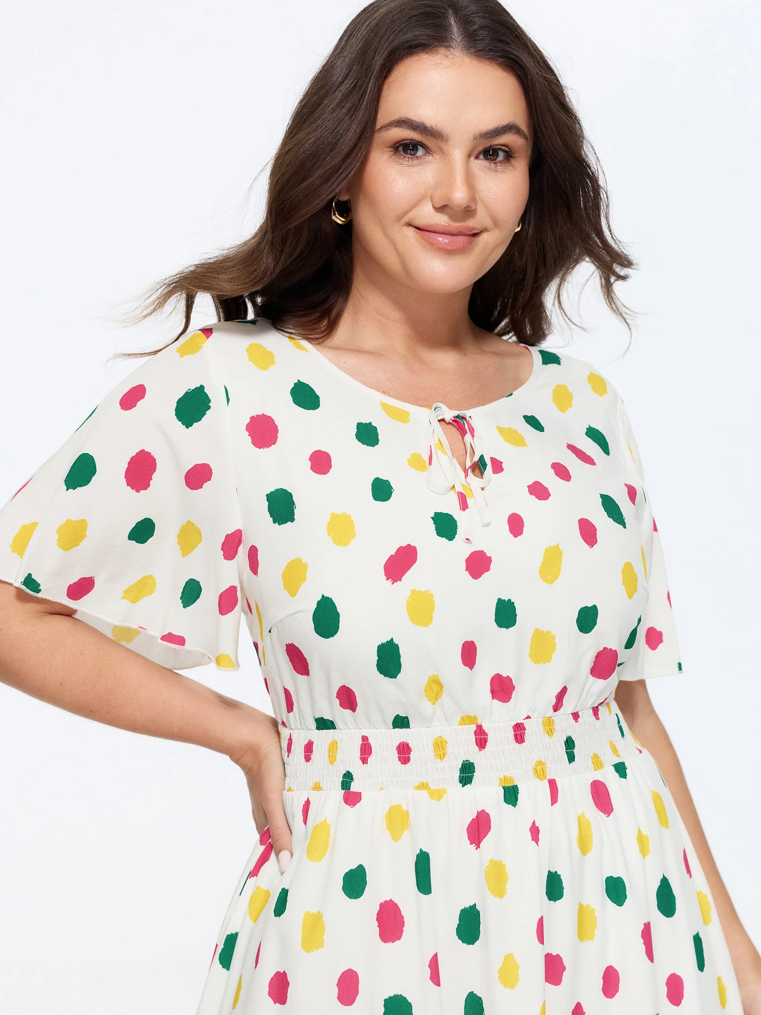 Supersoft Colorful Polka Dots Shirred Waist Midi Dress