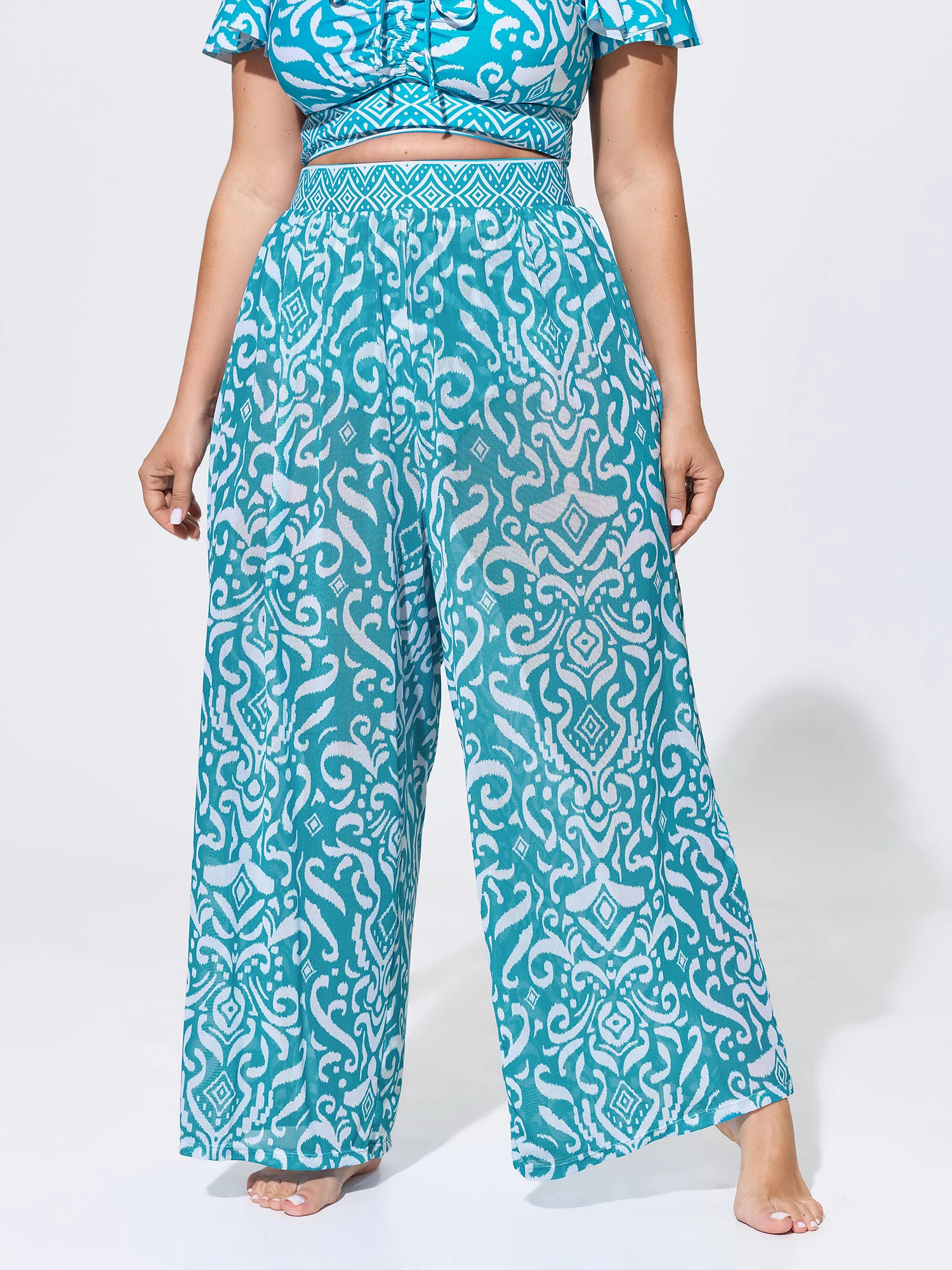 Sarong Set?Ikat Print Sheer Ruched Swim Bottoms
