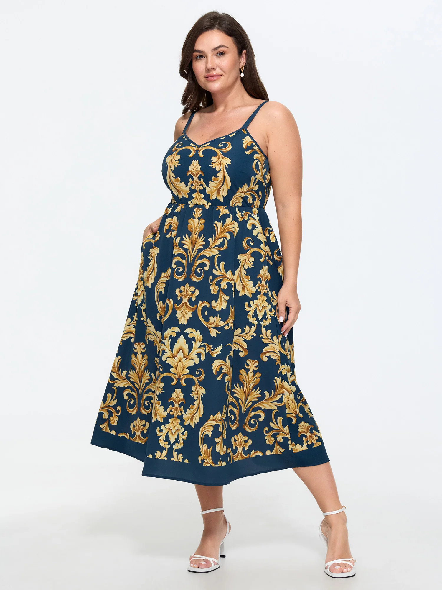 Boho Floral Print Shirred Waist Midi Dress